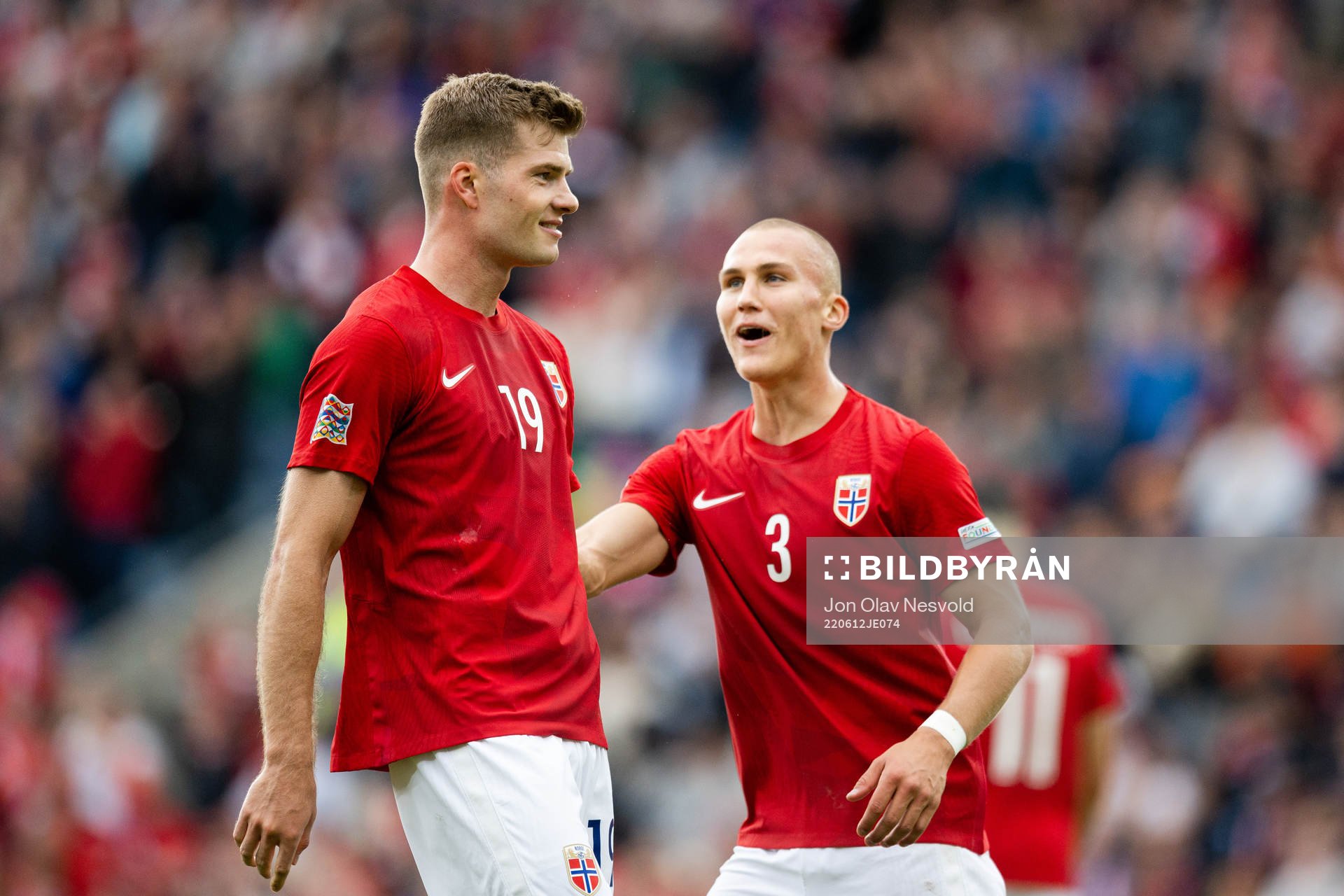 Alexander Sørloth and Leo Østigård of Norway celebrate