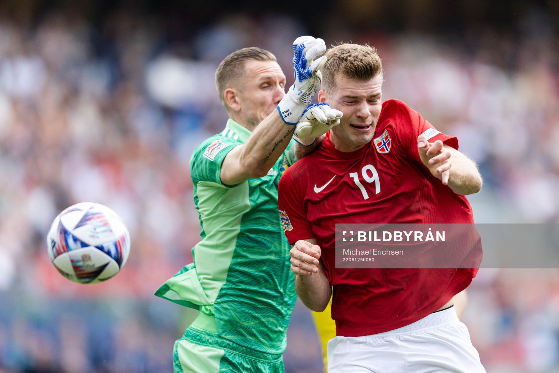 Goalkeeper Robin Olsen of Sweden and Alexander Sørloth of
