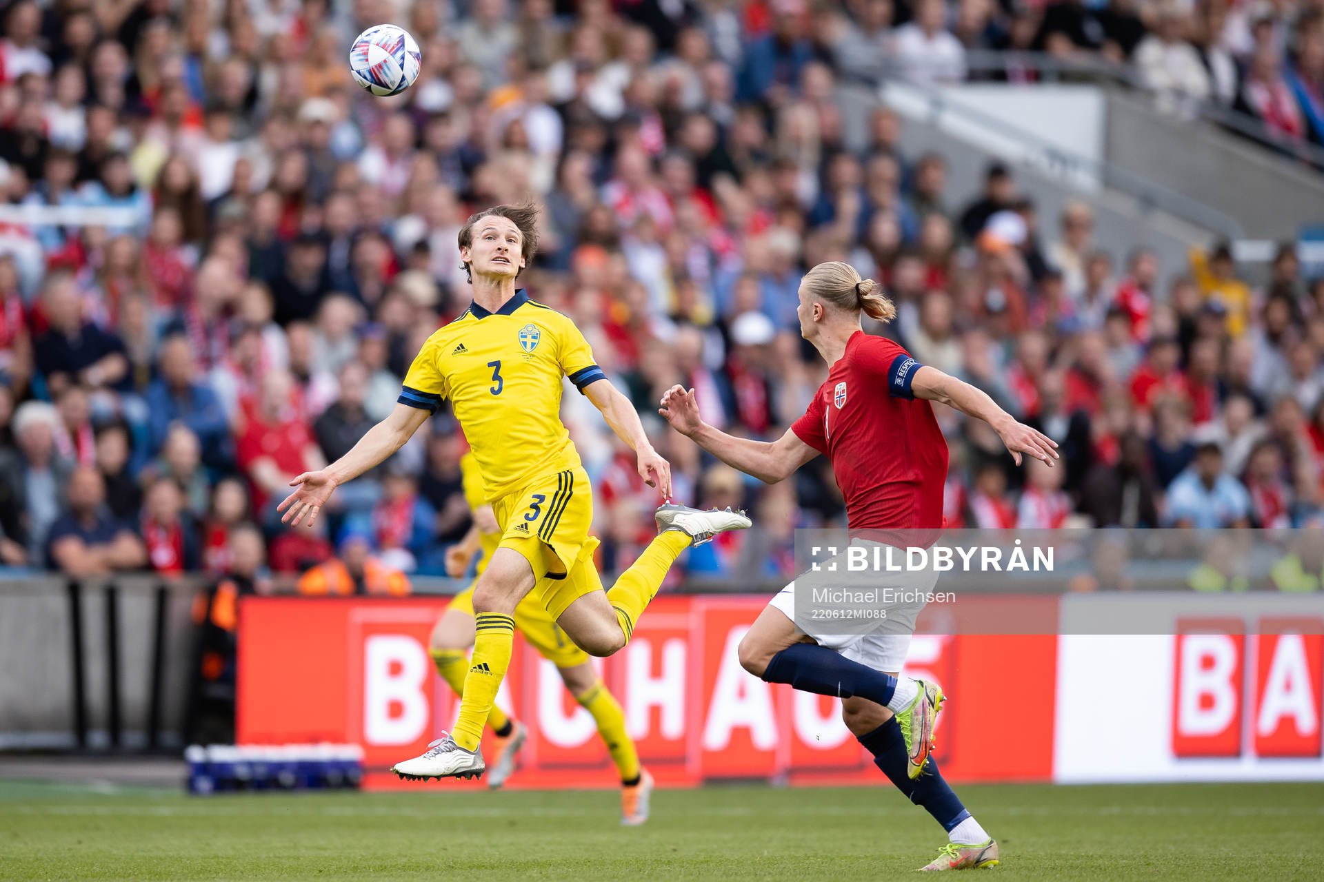 Hjalmar Ekdal of Sweden and Erling Haaland of Norway during the Nations League football match between Norway and Sweden on June 12, 2022 in Oslo.