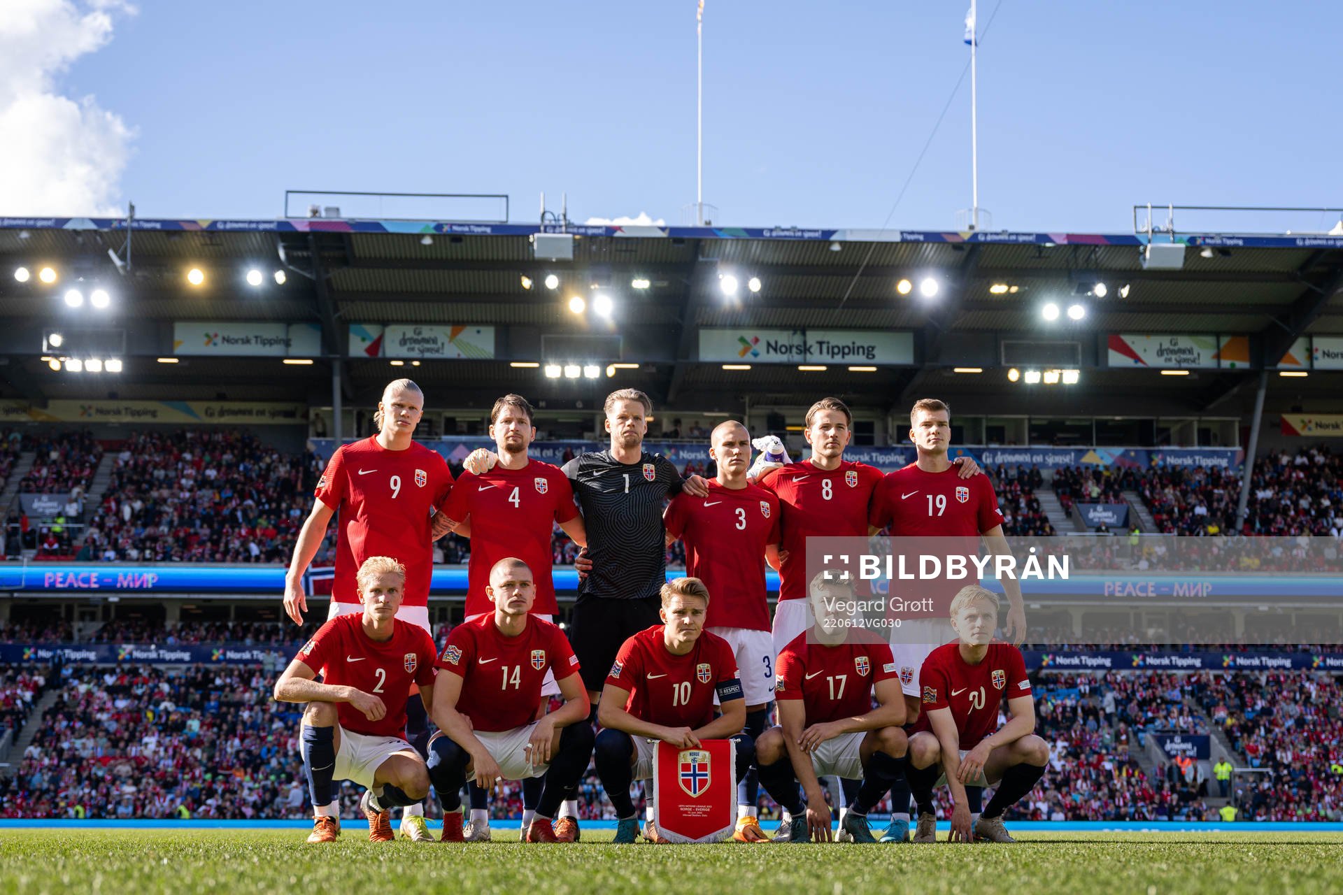 The starting eleven of Norway pose for a team photo ahead of the Nations League football match between Norway and Sweden on June 12, 2022 in Oslo. Top left: Erling Braut Haaland, Stefan Strandberg, goalkeeper Ørjan Håskjold Nyland, Leo Østigård, Sander Berge and Alexander Sørloth. Front left: Morten Thorsby, Julian Ryerson, Martin Ødegaard, Fredrik Bjørkan and Mats Møller Dæhli. 
