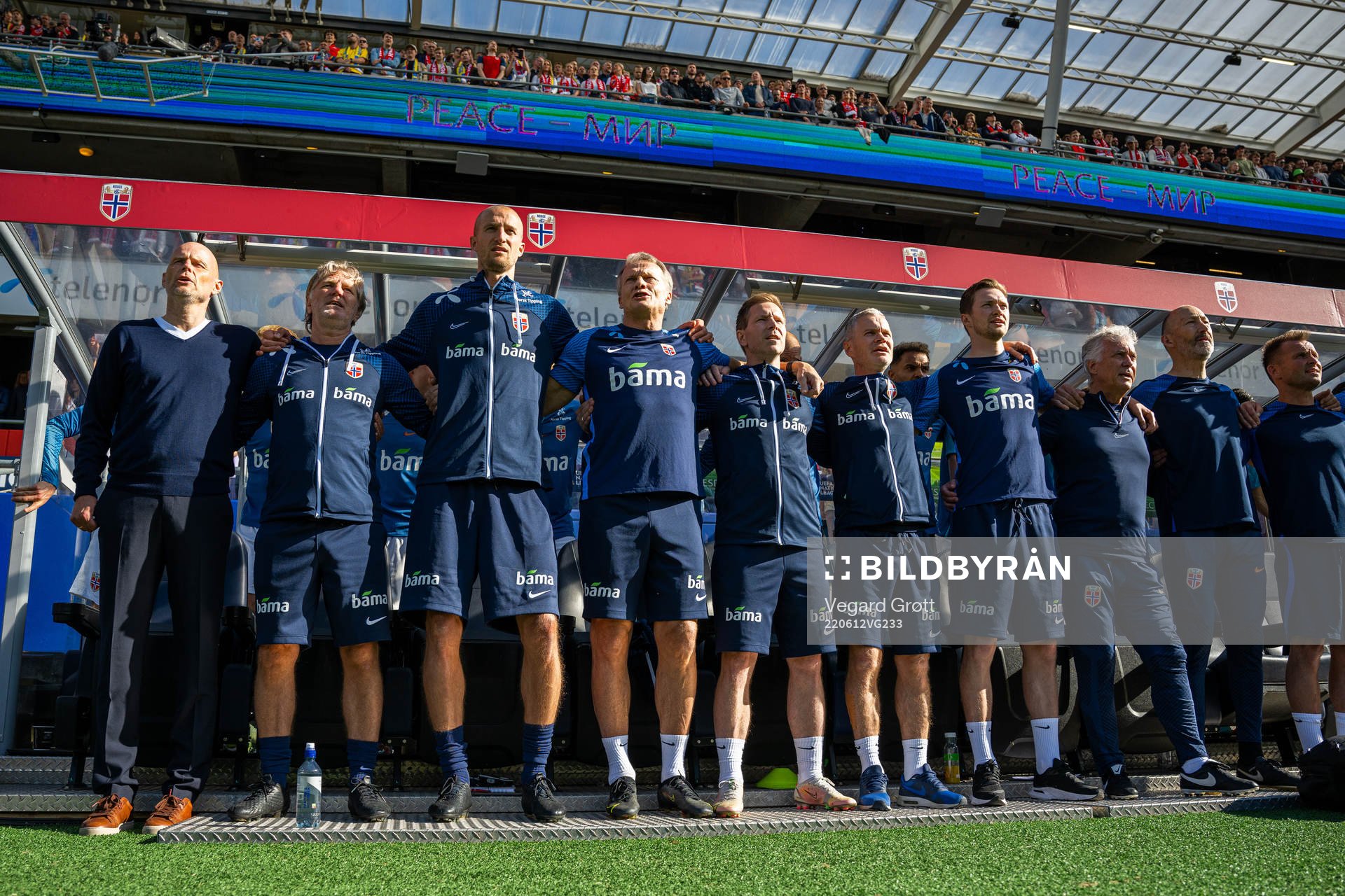 Ståle Solbakken, head coach, Kent Bergersen, assistant coach, Brede Hangeland, player manager, Frode Grodås, goalkeeper coach, Bjørn Vidar Stenersen, fitness coach, Are Hokstad, team manager, Pål Fjelde, tactical statistician, Ola Sand, doctor, Leif Arne Lystad, manual therapist, and Thomas Ødegaard, manual therapist of Norway, ahead of the Nations League football match between Norway and Sweden on June 12, 2022 in Oslo.