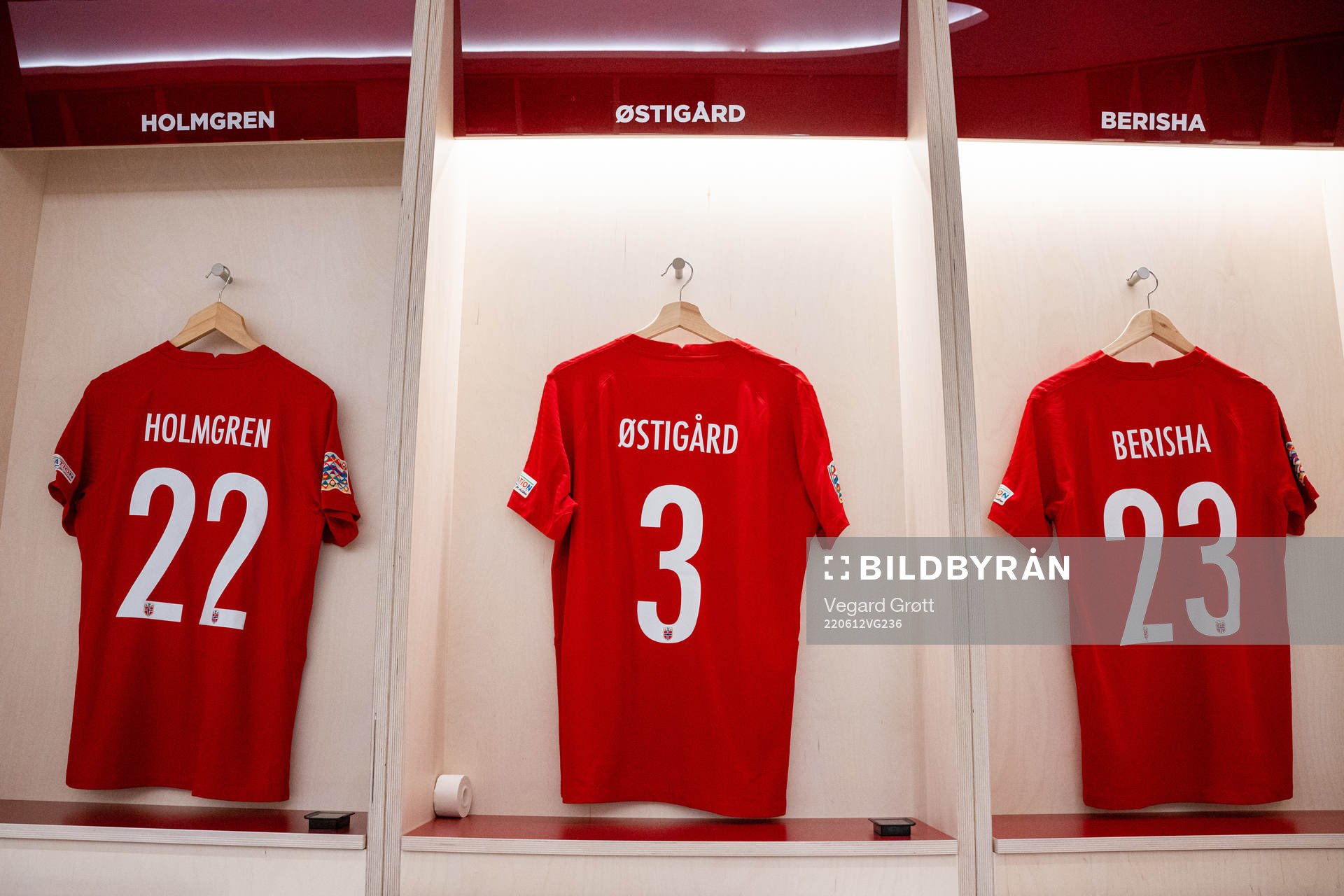 The kits of Marcus Holmgren Pedersen, Leo Østigård and Veton Berisha of Norway in the dressing room ahead of the Nations League football match between Norway and Sweden on June 12, 2022 in Oslo.