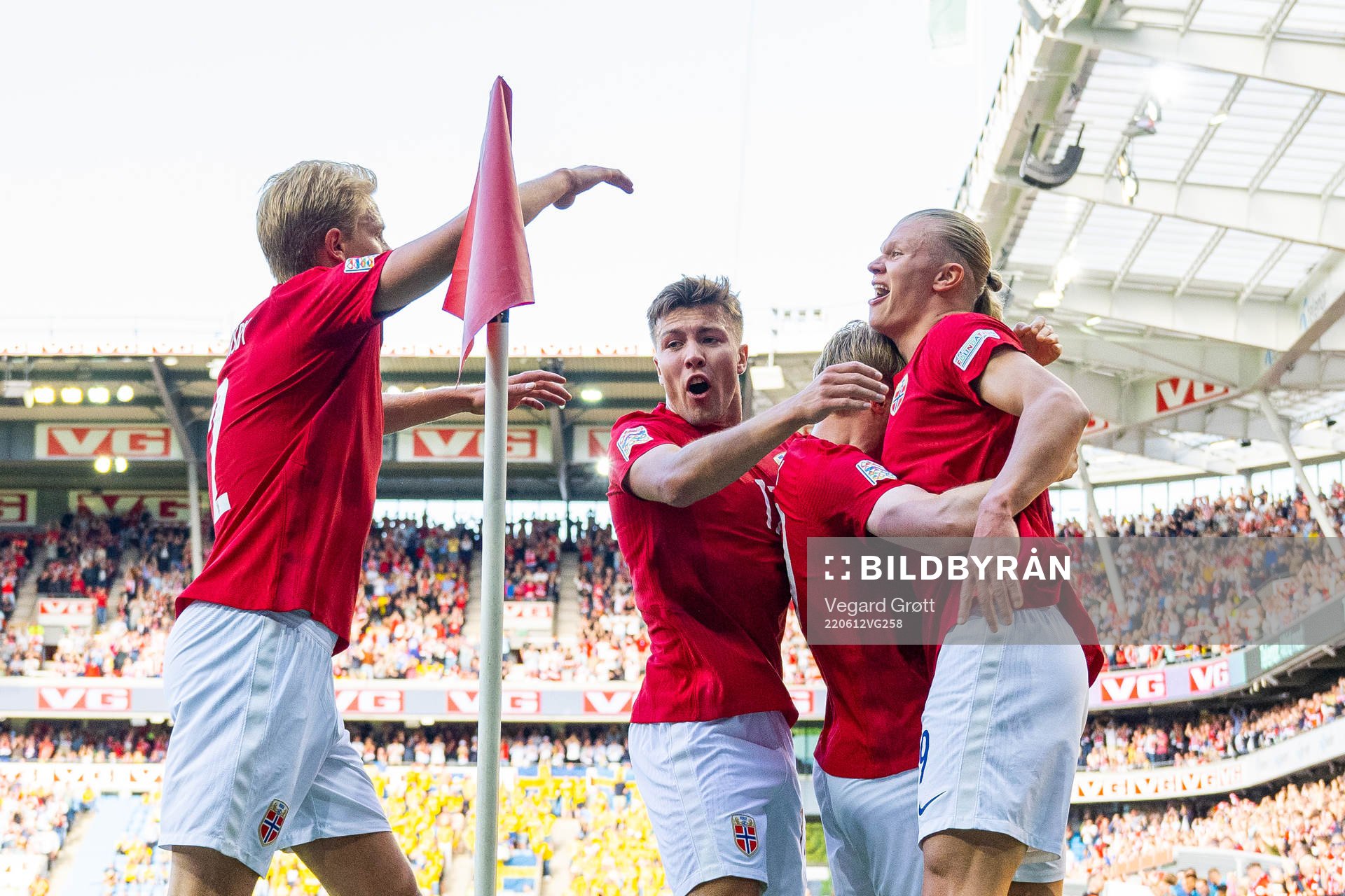 Erling Braut Haaland of Norway celebrates with teammates