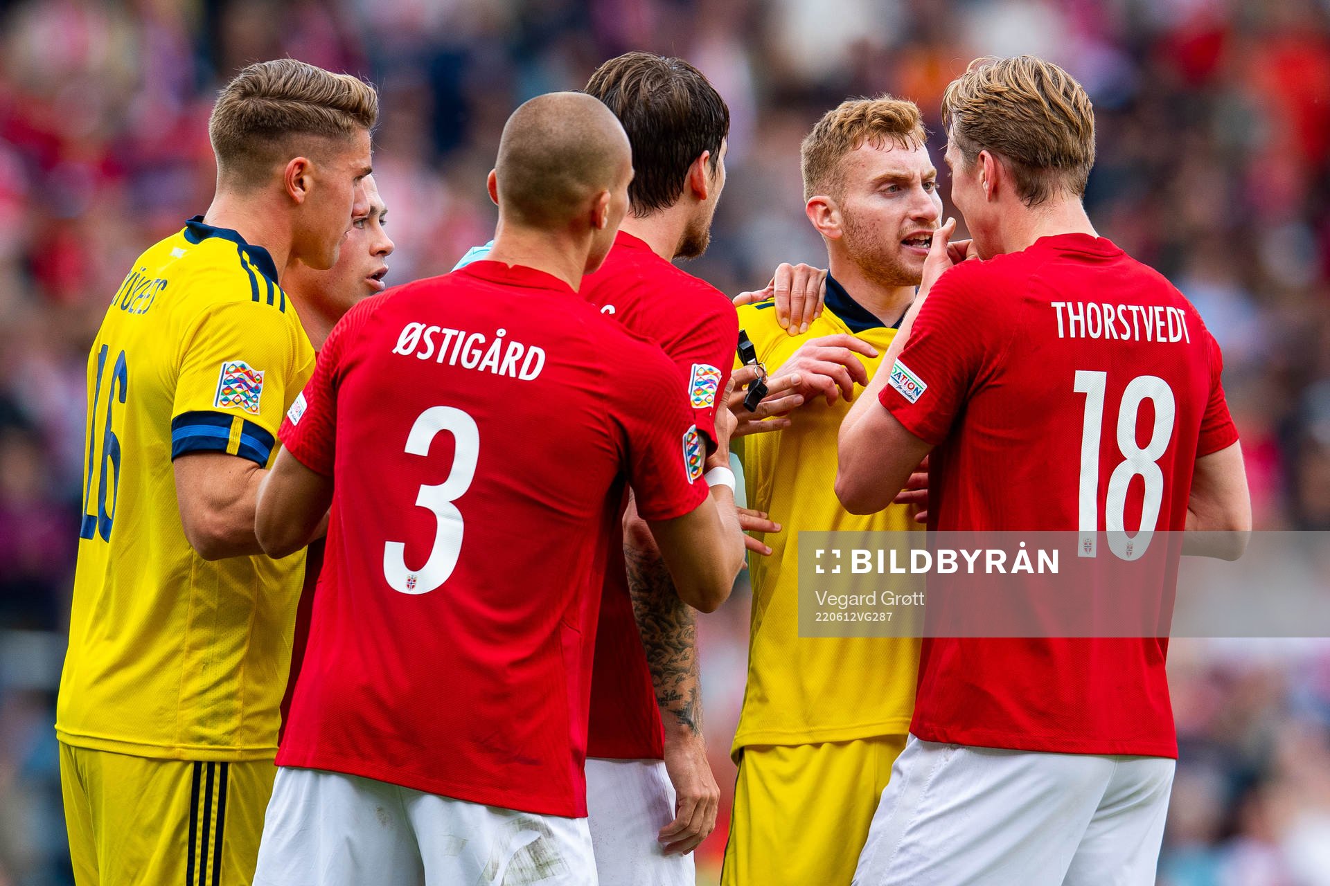 Viktor Gyökeres and Dejan Kulusevski of Sweden argue with