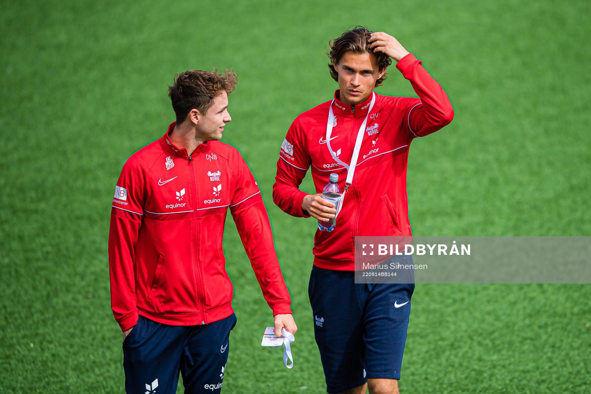 Håkon Evjen and Markus Solbakken of Norway ahead of the UEFA European Under-21 Qualifier football match between Norway and Azerbaijan on June 14, 2022 in Drammen.