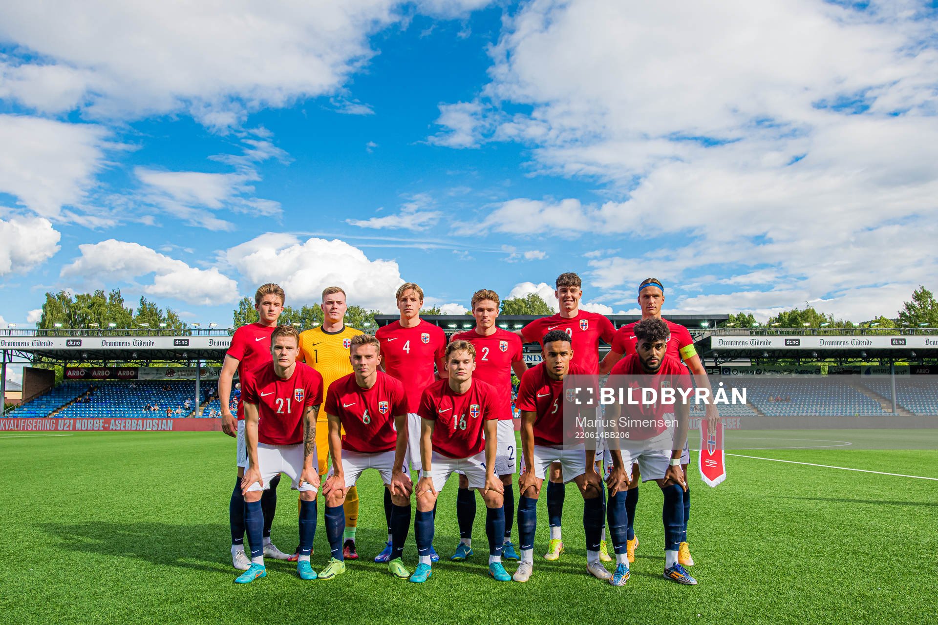 The starting eleven of Norway U21, from the top left; Henrik Heggheim, Kristoffer-August Sundquist Klaesson, Jesper Norman Daland, Sebastian Søraas Sebulonsen, Jørgen Strand Larsen, Erik Botheim, Tobias Christensen, Johan Hove, Kristian Fredrik Malt Arnstad, Fredrik Oppegård and Emil Konradsen Ceide of Norway poses for a team group photo ahead of the UEFA European Under-21 Qualifier football match between Norway and Azerbaijan on June 14, 2022 in Drammen. 