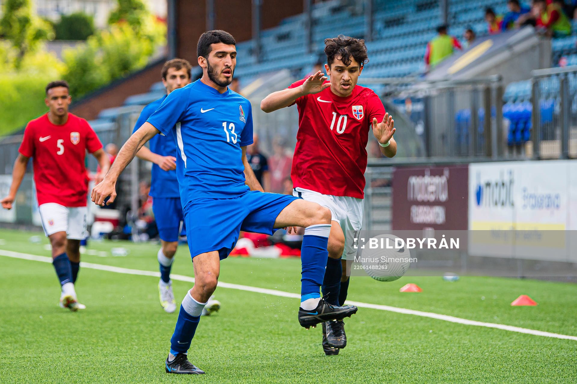 Jeyhun Nuriyev of Azerbaijan and Osame Sahraoui of Norway during the UEFA European Under-21 Qualifier football match between Norway and Azerbaijan on June 14, 2022 in Drammen.