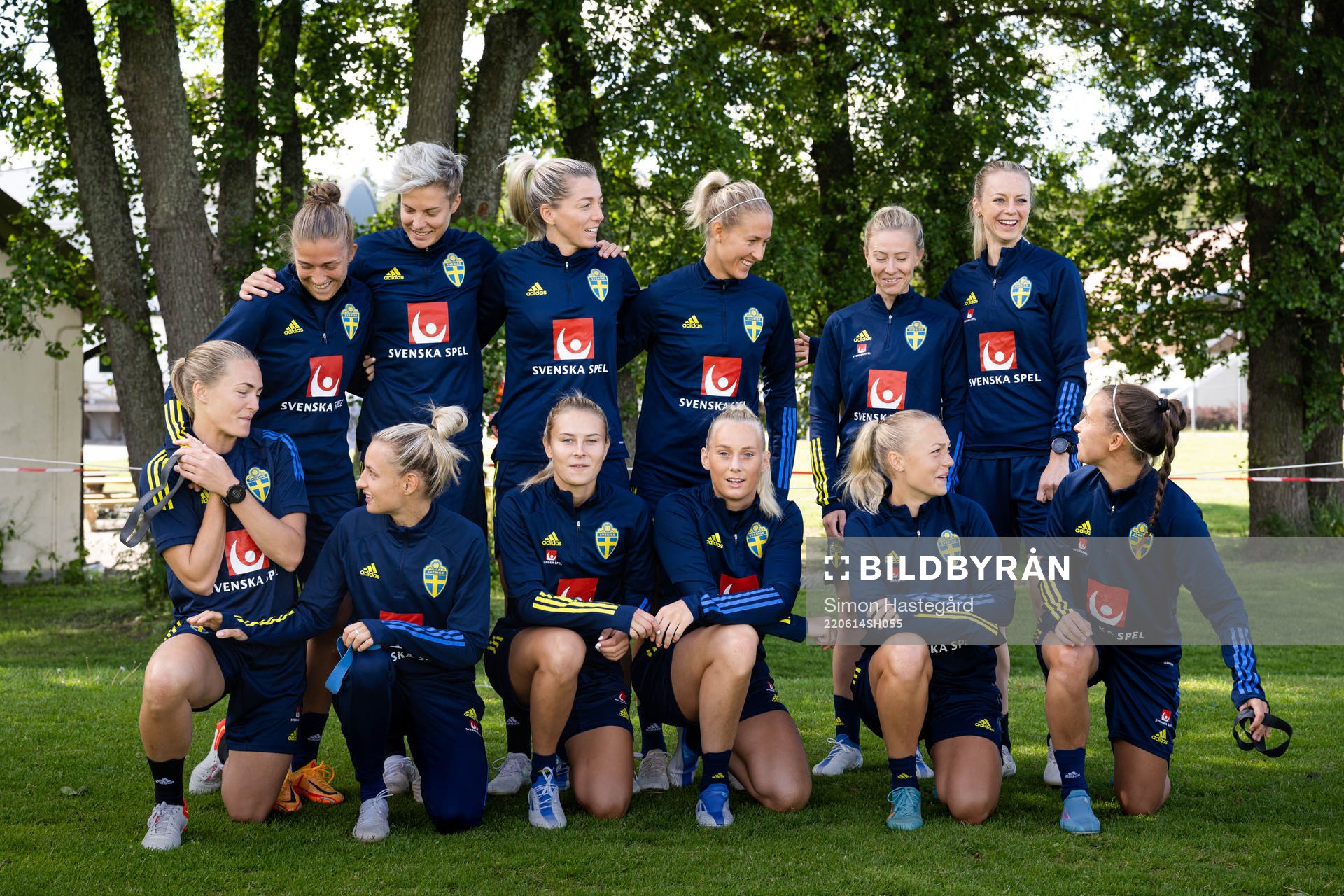 The players pose for a group photo ahead of a training session with the Swedish women's national football team on June 14, 2022 in Stockholm. Top left: Filippa Angeldahl, Lina Hurtig, Linda Sembrant, Emma Kullberg, Rebecka Blomqvist and Amanda Ilestedt. Bottom left: Magdalena Eriksson, Nathalie Björn, Amanda Nildén, Stina Blackstenius, Hanna Bennison and Julia Zigiotti Olme.