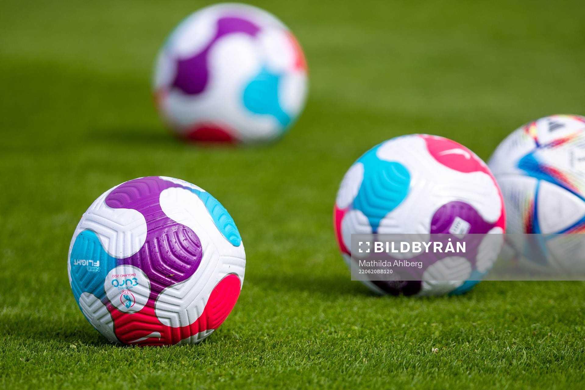 Footballs during a training session on June 20, 2022 in Båstad. 