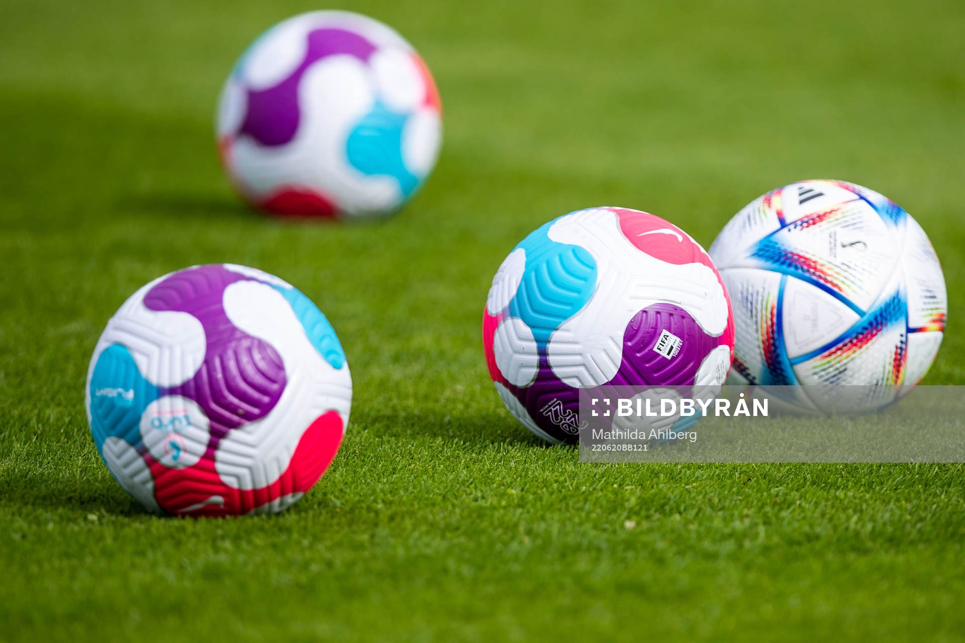 Footballs during a training session on June 20, 2022 in Båstad. 