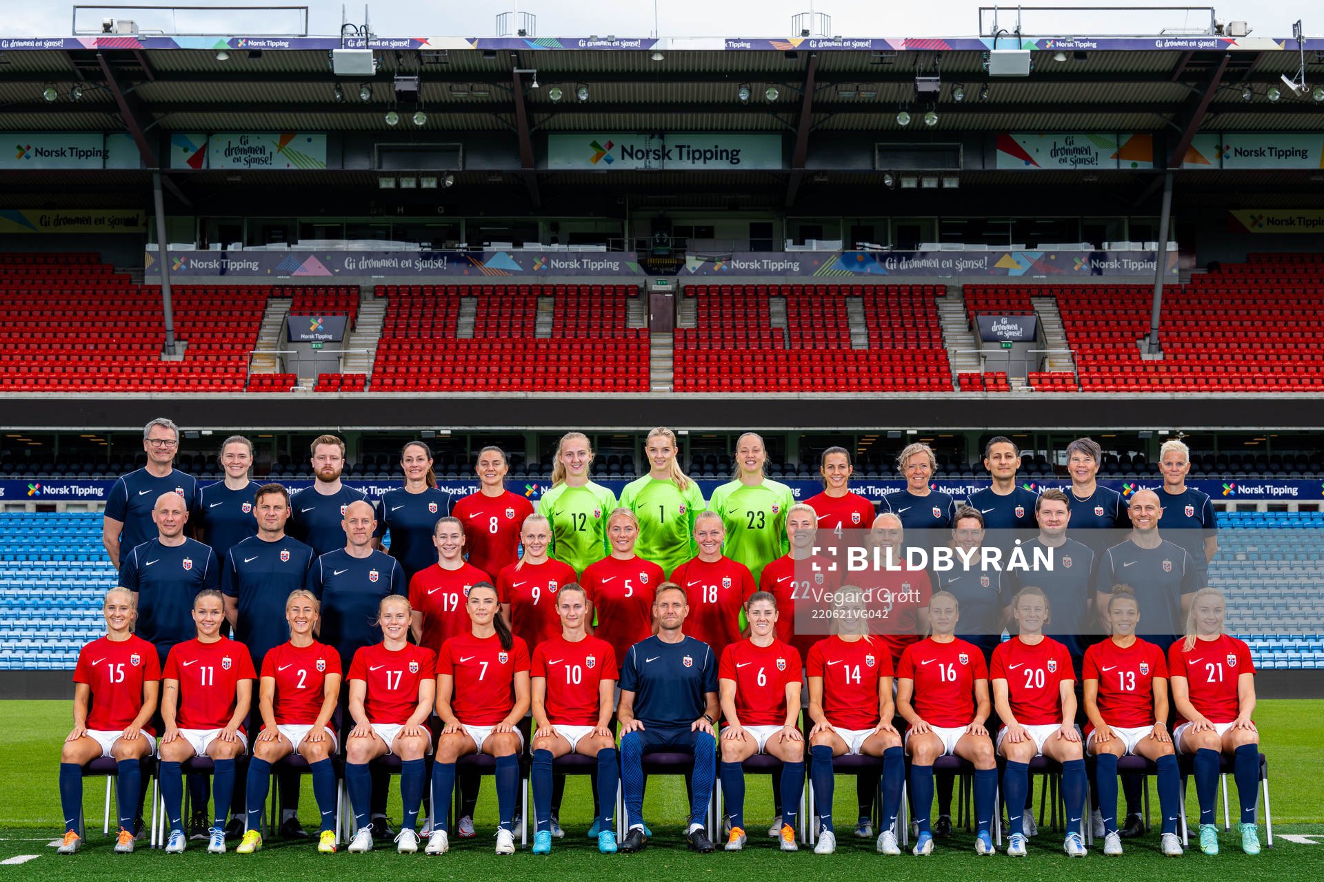 Players and staff of the Norwegian women's national football team pose for the official team photo on June 21, 2022 in Oslo. Top row, left to right: Press officer Halvor Lea, content producer Ingvild Isaksen, analyst Fredrik Vold, physio Margareta Endresen, Vilde Bøe Risa, goalkeeper Sunniva Skoglund, goalkeeper Guro Pettersen, goalkeeper Aurora Mikalsen, Tuva Hansen, physical coach Gunnvor Halmøy, doctor Said Tutunchian, team manager Bente Bratbak and kit manager Kristine Skuland Nilsen. Middle row: Sports psychologist Andreas Ivarsson, goalkeeper coach Roger Eskeland, assistant coach Anders Jacobson, Elisabeth Terland, Karina Sævik, Guro Bergsvand, Frida Maanum, Sophie Román Haug, Maria Thorisdottir, assistant coach Lena Tyriberget, masseur Marius Eriksrud and physio Per-Otto Ringstad. Front row: Amalie Eikeland, Guro Reiten, Anja Sønstevold, Julie Blakstad, Ingrid Syrstad Engen, Caroline Graham Hansen, head coach Martin Sjögren, Maren Mjelde, Ada Hegerberg, Lisa Fjeldstad Naalsund, Synne Skinnes Hansen, Celin Bizet Ildhusøy and Anna Jøsendal.