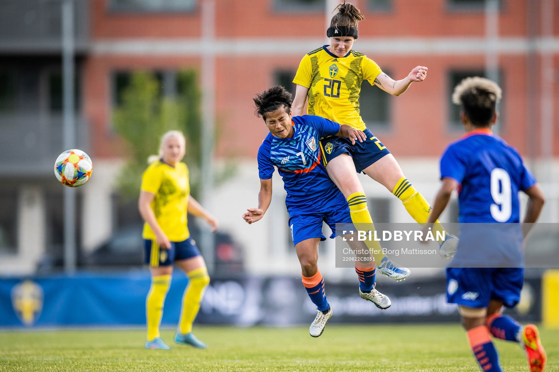 Ratanbala Devi Nongmeithem of India and Linn Vickius of Sweden during the international friendly football match between Sweden and India June 22, 2022 in Ängelholm.