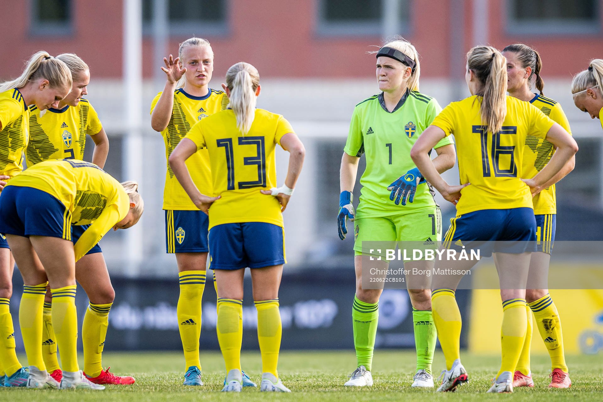 Wilma Carlsson and goalkeeper Emma Holmgren of Sweden during the international friendly football match between Sweden and India June 22, 2022 in Ängelholm.