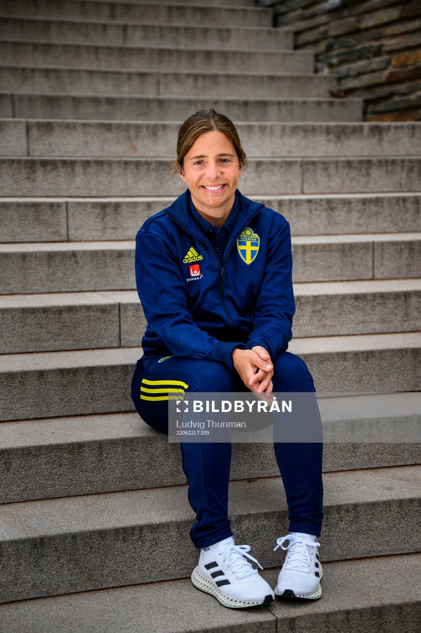 Sara Pettersson, Svenska spel representative poses for a portrait during a photo shoot with the staff of the women's national football team of Sweden on June 22, 2022 in Båstad.