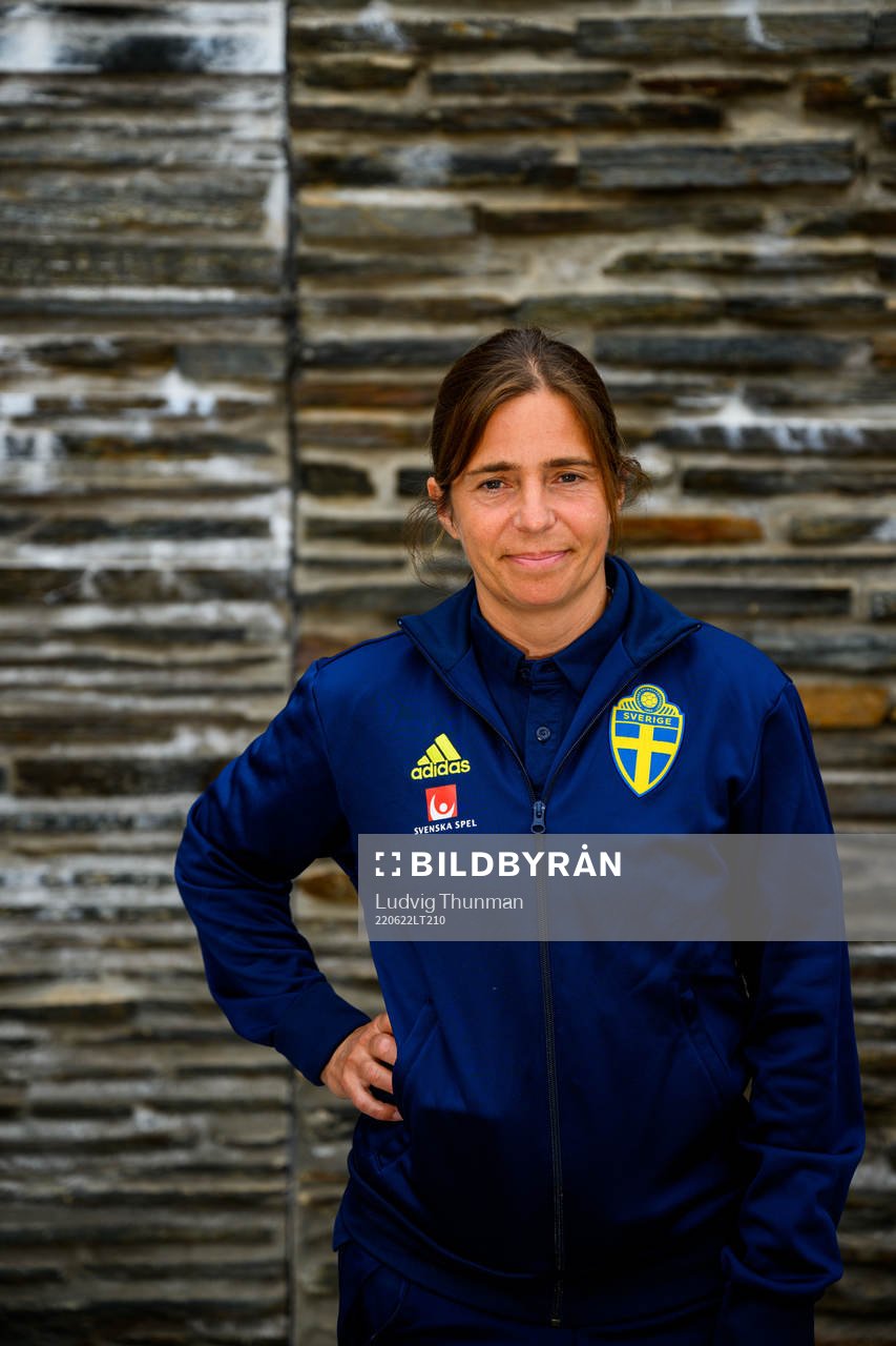 Sara Pettersson, Svenska spel representative poses for a portrait during a photo shoot with the staff of the women's national football team of Sweden on June 22, 2022 in Båstad.