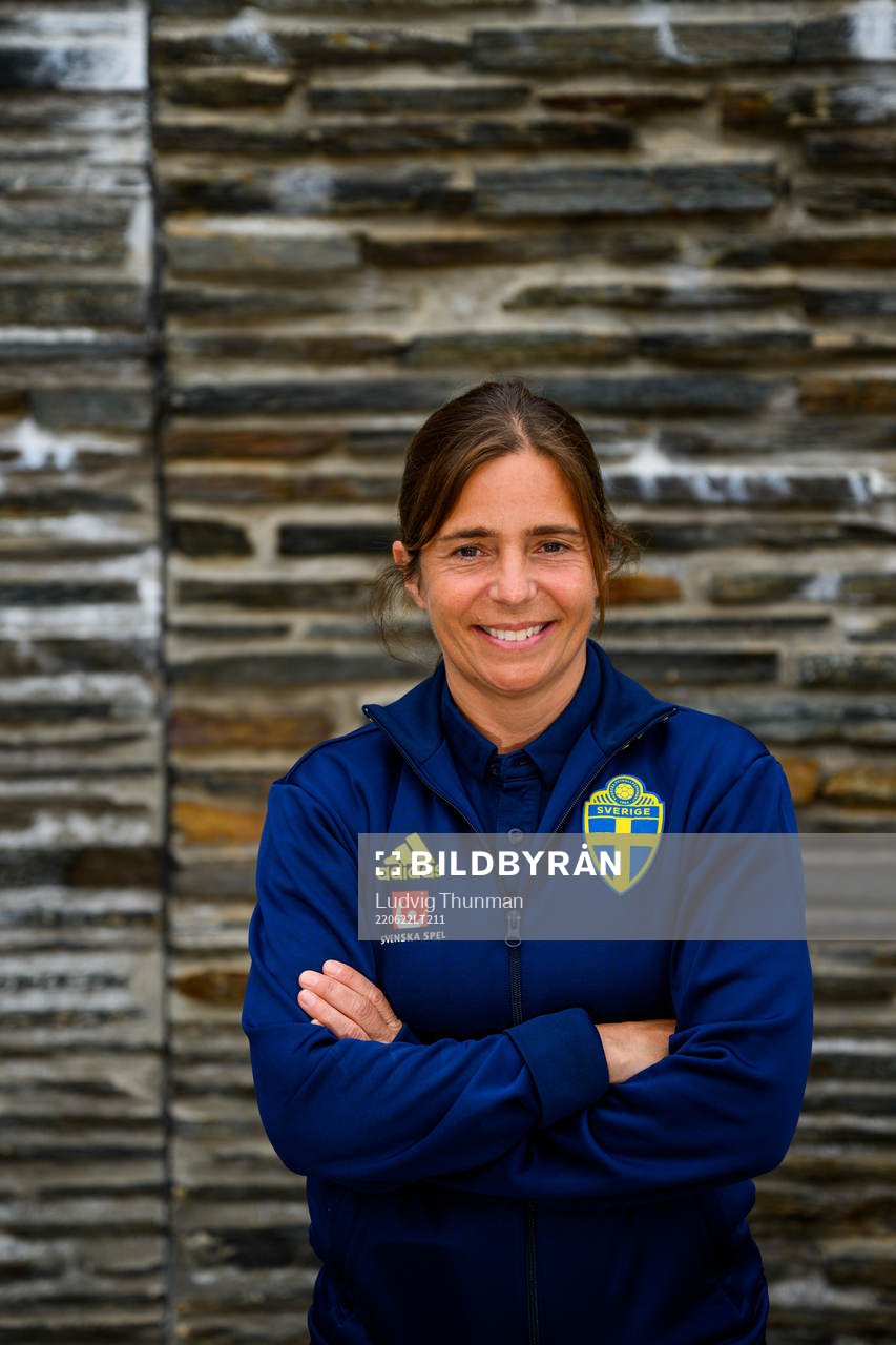 Sara Pettersson, Svenska spel representative poses for a portrait during a photo shoot with the staff of the women's national football team of Sweden on June 22, 2022 in Båstad.