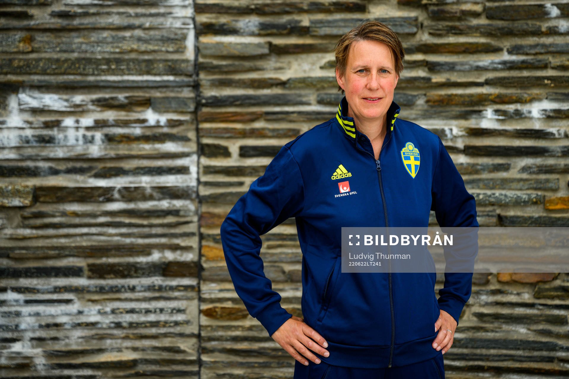 Jessica Karlsson, kit manager, poses for a portrait during a photo shoot with the staff of the women's national football team of Sweden on June 22, 2022 in Båstad.