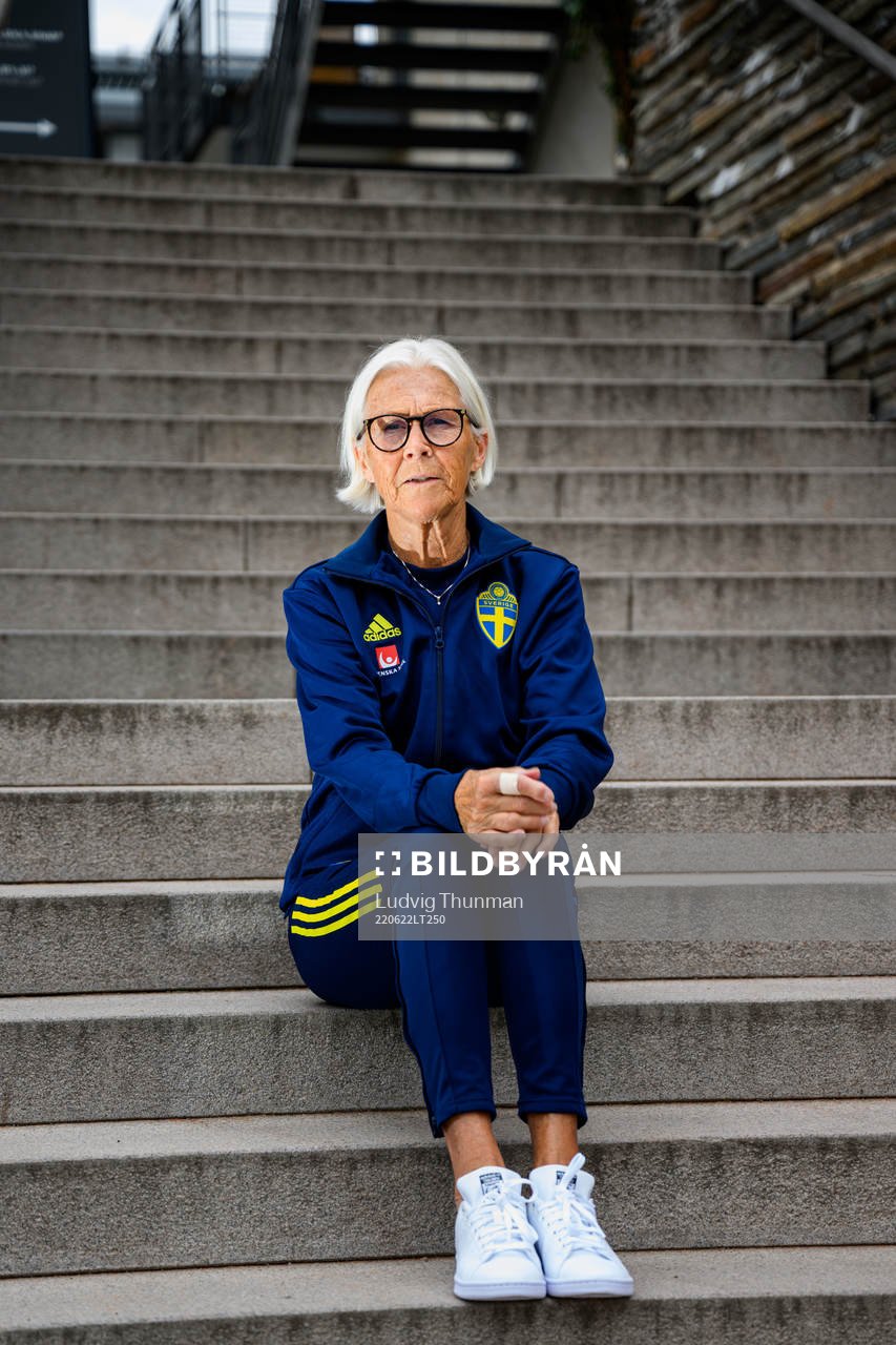 Anna-Lena Kjellman, kit manager, poses for a portrait during a photo shoot with the staff of the women's national football team of Sweden on June 22, 2022 in Båstad.