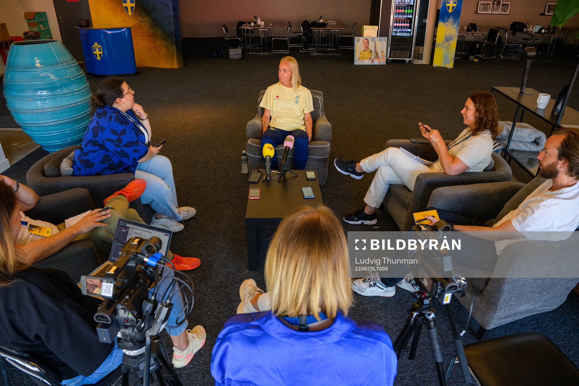 Caroline Seger is interviewed by the media