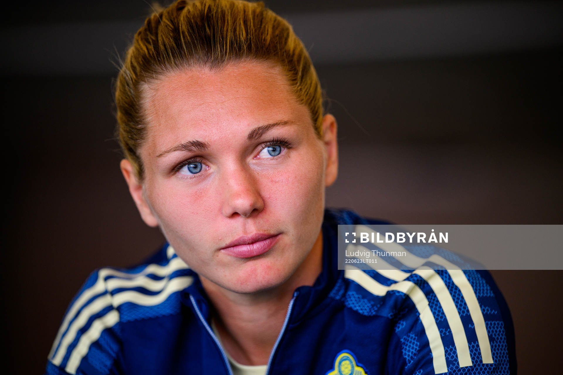 Goalkeeper Jennifer Falk is interviewed by the media