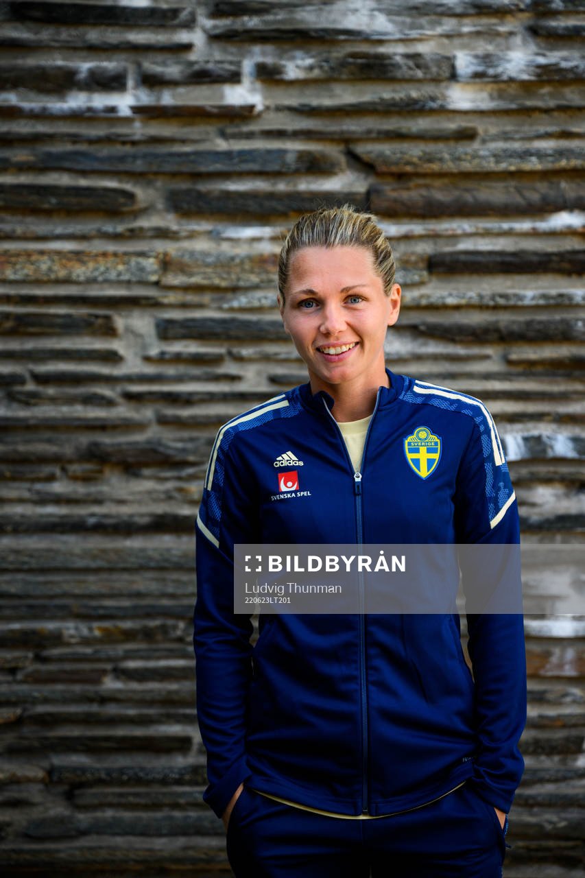 Goalkeeper Jennifer Falk poses for a portrait during a press event with the women's national football team of Sweden on June 23, 2022 in Båstad. 