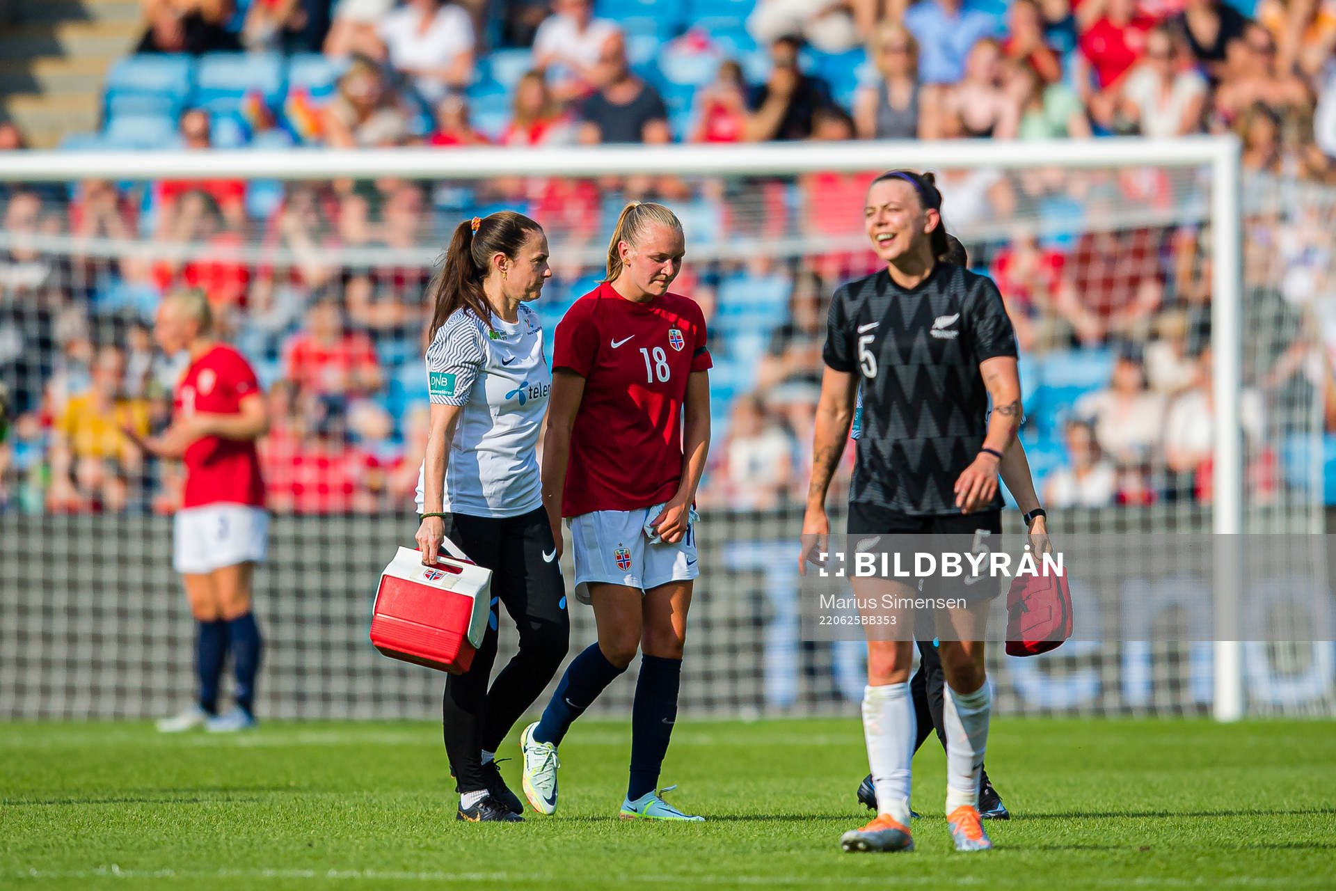 Frida Leonhardsen Maanum of Norway leaves the pitch with an
