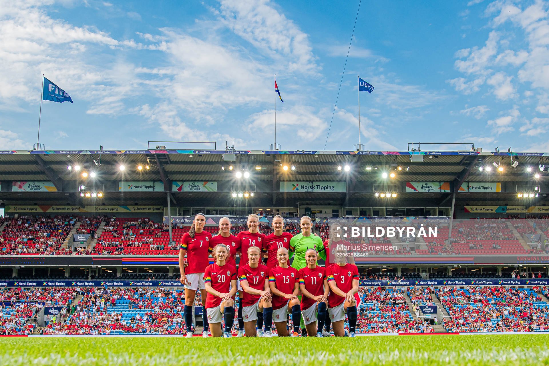 The starting eleven of Norway, from the top left; Ingrid Syrstad Engen, Frida Leonhardsen Maanum, Ada Martine Stolsmo Hegerberg, Caroline Graham Hansen, Guro Pettersen, Maren Nævdal Mjelde, Synne Skinnes Hansen, Julie Blakstad, Amalie Vevle Eikeland, Guro Reiten and Maria Thorisdottir of Norway poses for a team group photo ahead of the International friendly football match between Norway and New Zealand on June 25, 2022 in Oslo.