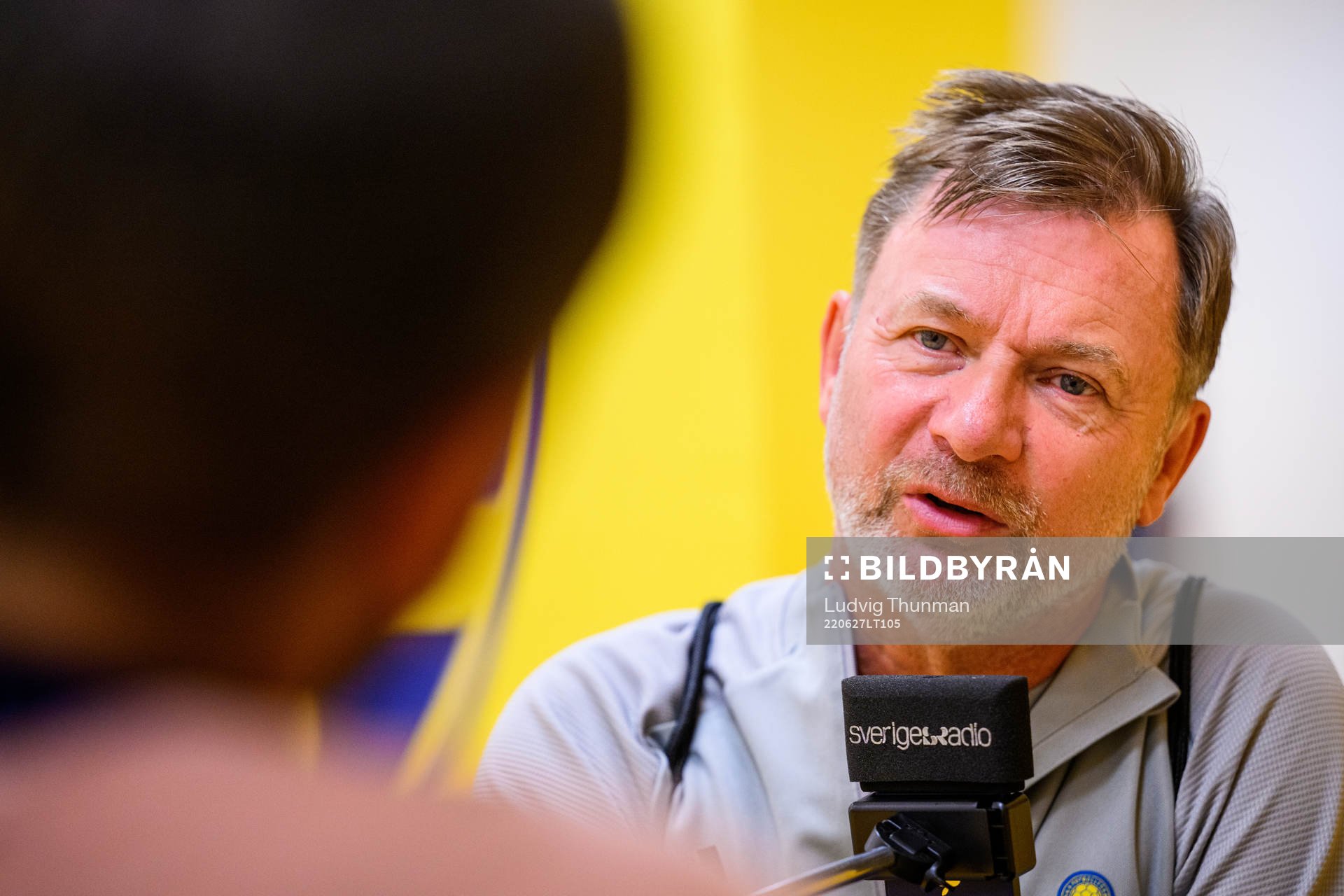 Peter Gerhardsson, head coach is interviewed by the media