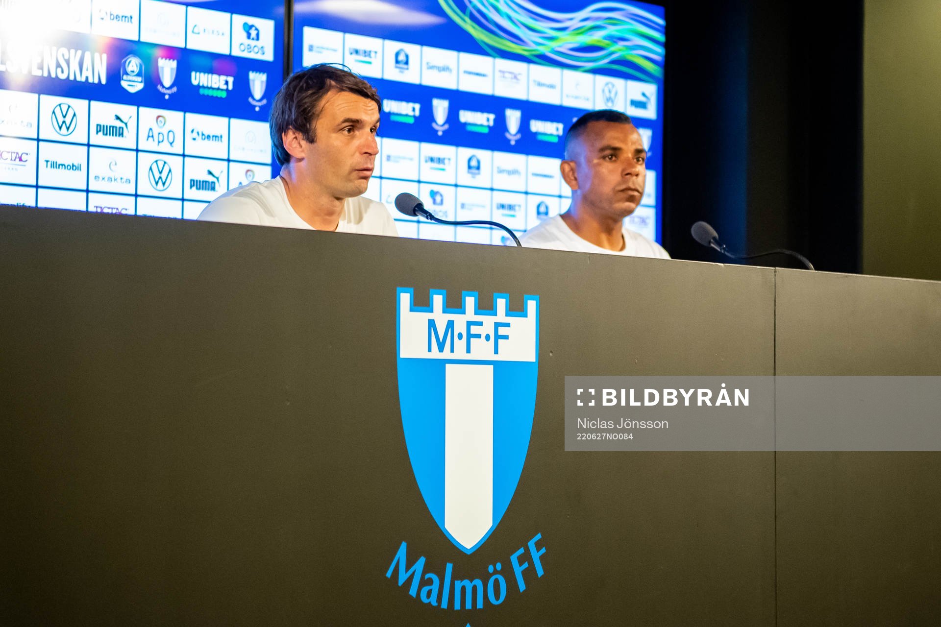 Malmö FFs tränare Milos Milojevic och Helsingborgs tränare Alvaro Santos under  presskonferensen efter fotbollsmatchen i Allsvenskan mellan Malmö FF och Helsingborg den 27 juni 2022 i Malmö. 