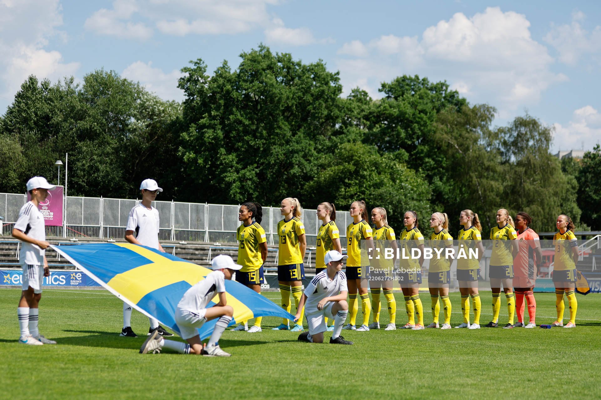 Players of Sweden during the national anthem before the football match against Germany in the UEFA Womens Under-19 European Championships on June 27 in Frydek-Mistek, Czech Republic.