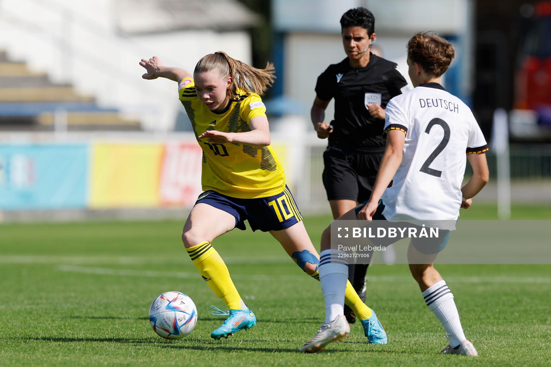 Swedens Bea Sprung in action against Germanys Pauline Deutsch during the football match in the UEFA Womens Under-19 European Championships on June 27 in Frydek-Mistek, Czech Republic.