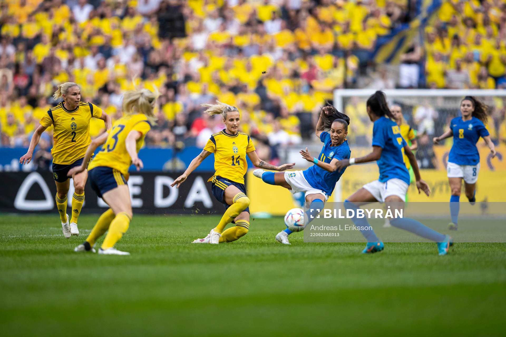 Nathalie Björn of Sweden and Adriana of Brazil during the women's international friendly football match between Sweden and Brazil on June 28, 2022 in Stockholm.