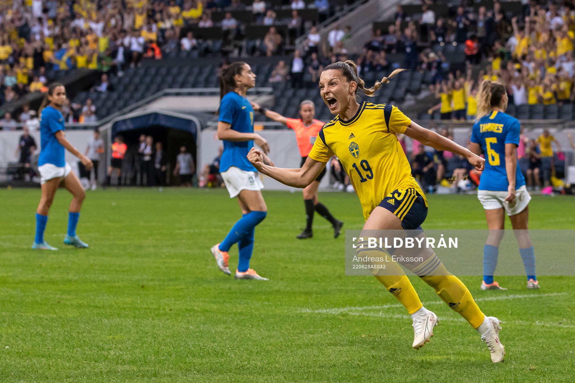 Johanna Rytting Kaneryd of Sweden celebrates after the 1-1 goal during the women's international friendly football match between Sweden and Brazil on June 28, 2022 in Stockholm. 