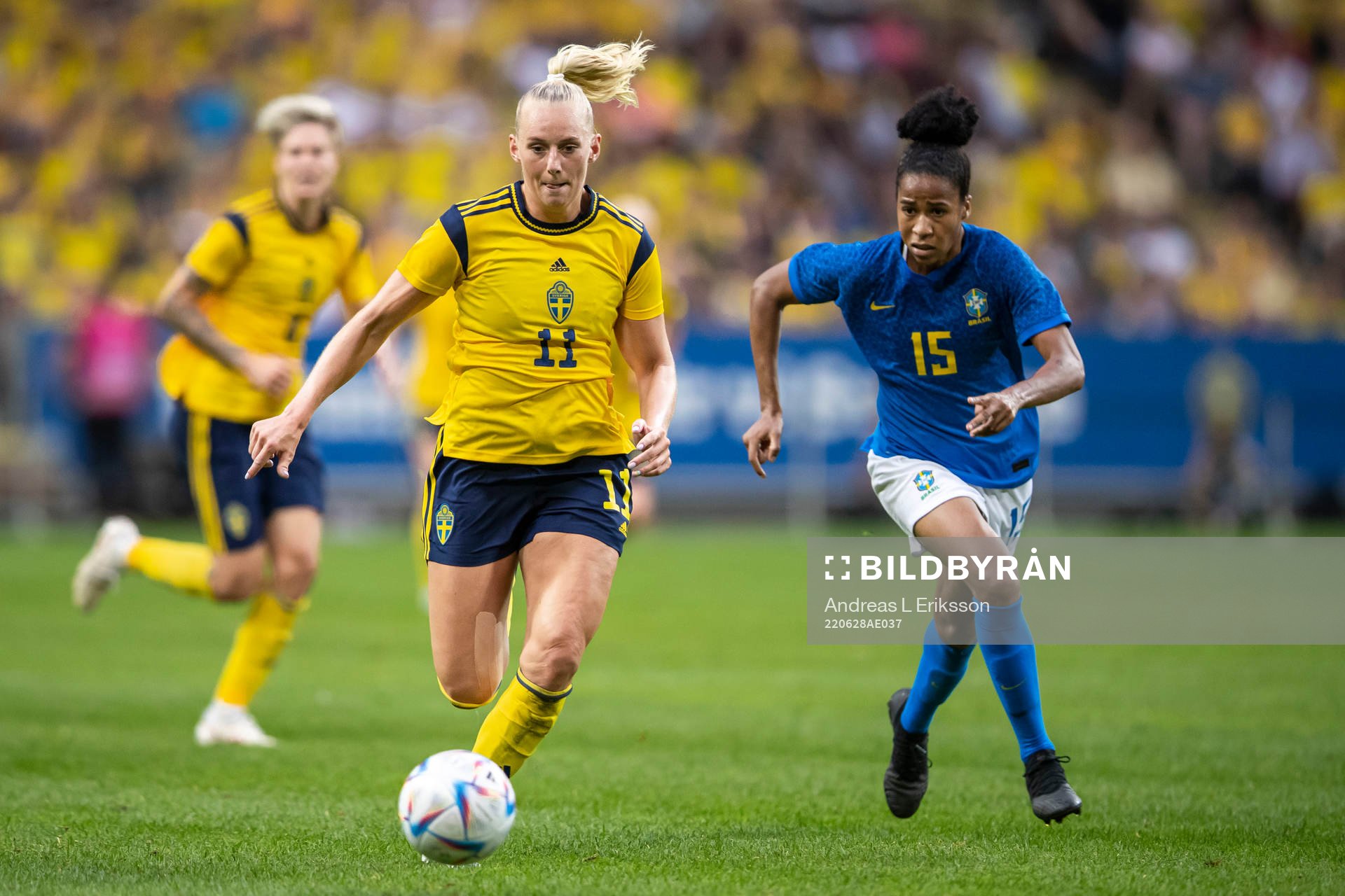 Stina Blackstenius of Sweden and Tainara of Brazil during the women's international friendly football match between Sweden and Brazil on June 28, 2022 in Stockholm.