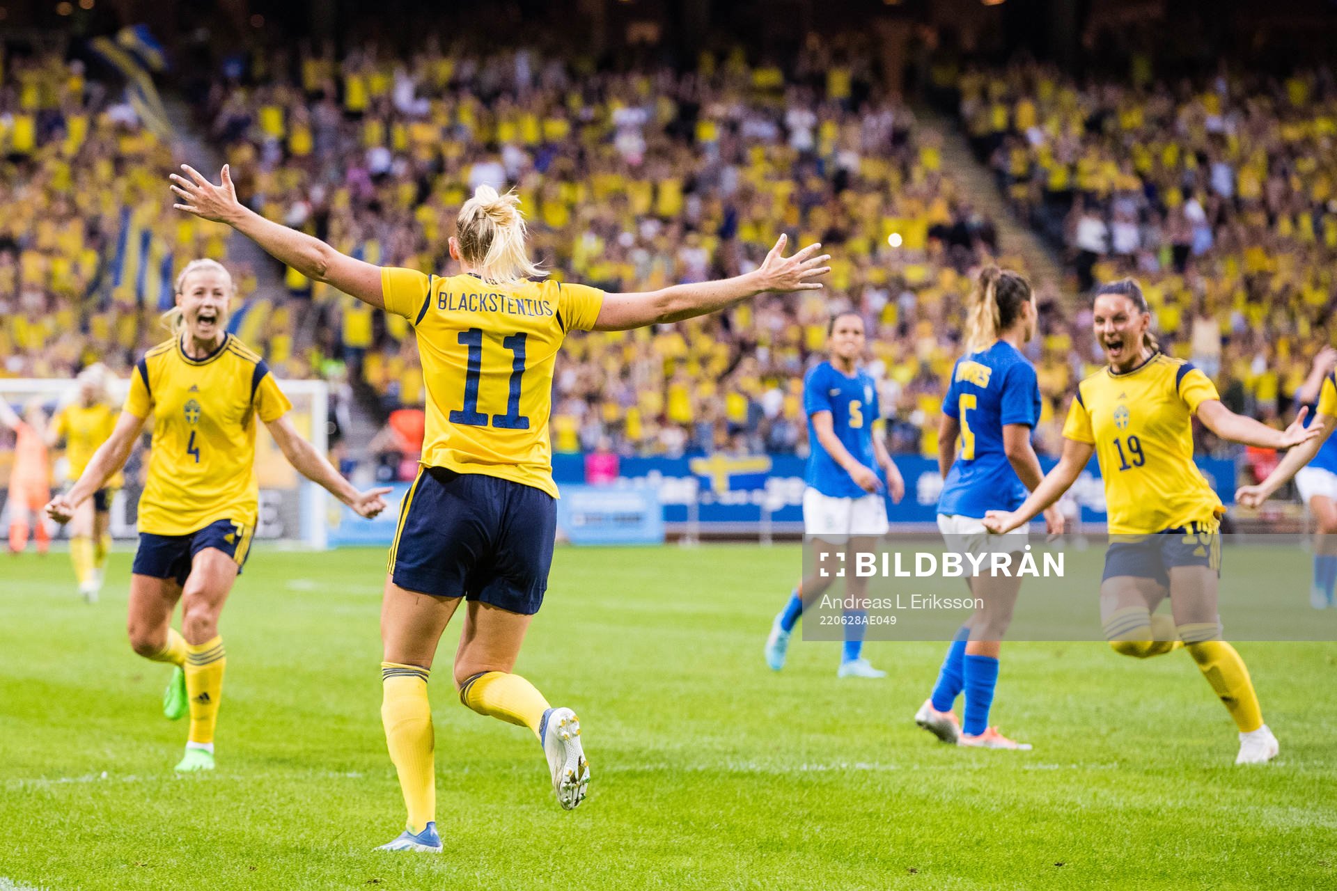Stina Blackstenius of Sweden celebrates with Hanna Glas and Johanna Rytting Kaneryd after scoring 3-1 during the women's international friendly football match between Sweden and Brazil on June 28, 2022 in Stockholm.
