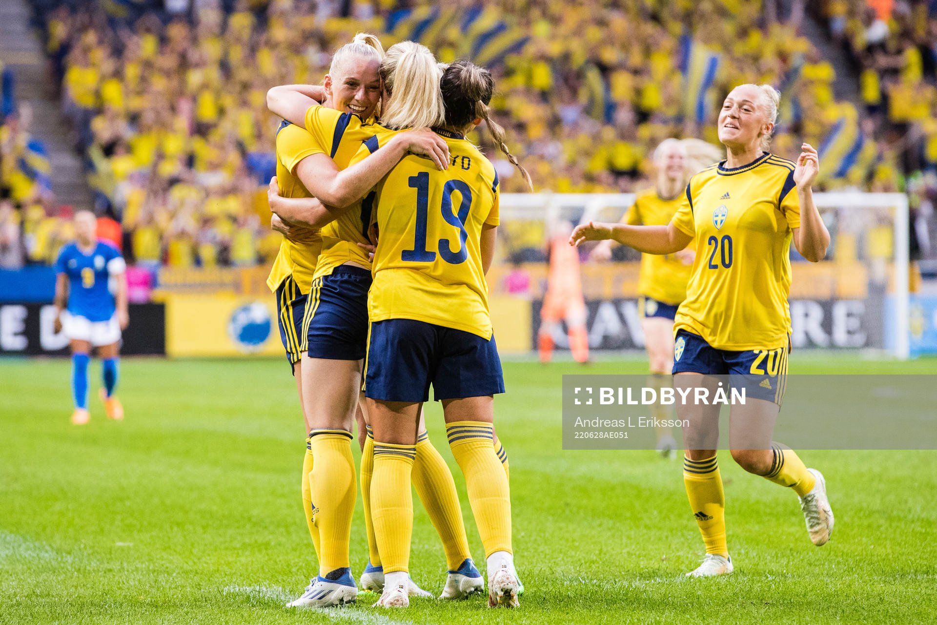 Stina Blackstenius of Sweden celebrates with Hanna Glas, Johanna Rytting Kaneryd and Hanna Bennison after scoring 3-1 during the women's international friendly football match between Sweden and Brazil on June 28, 2022 in Stockholm.