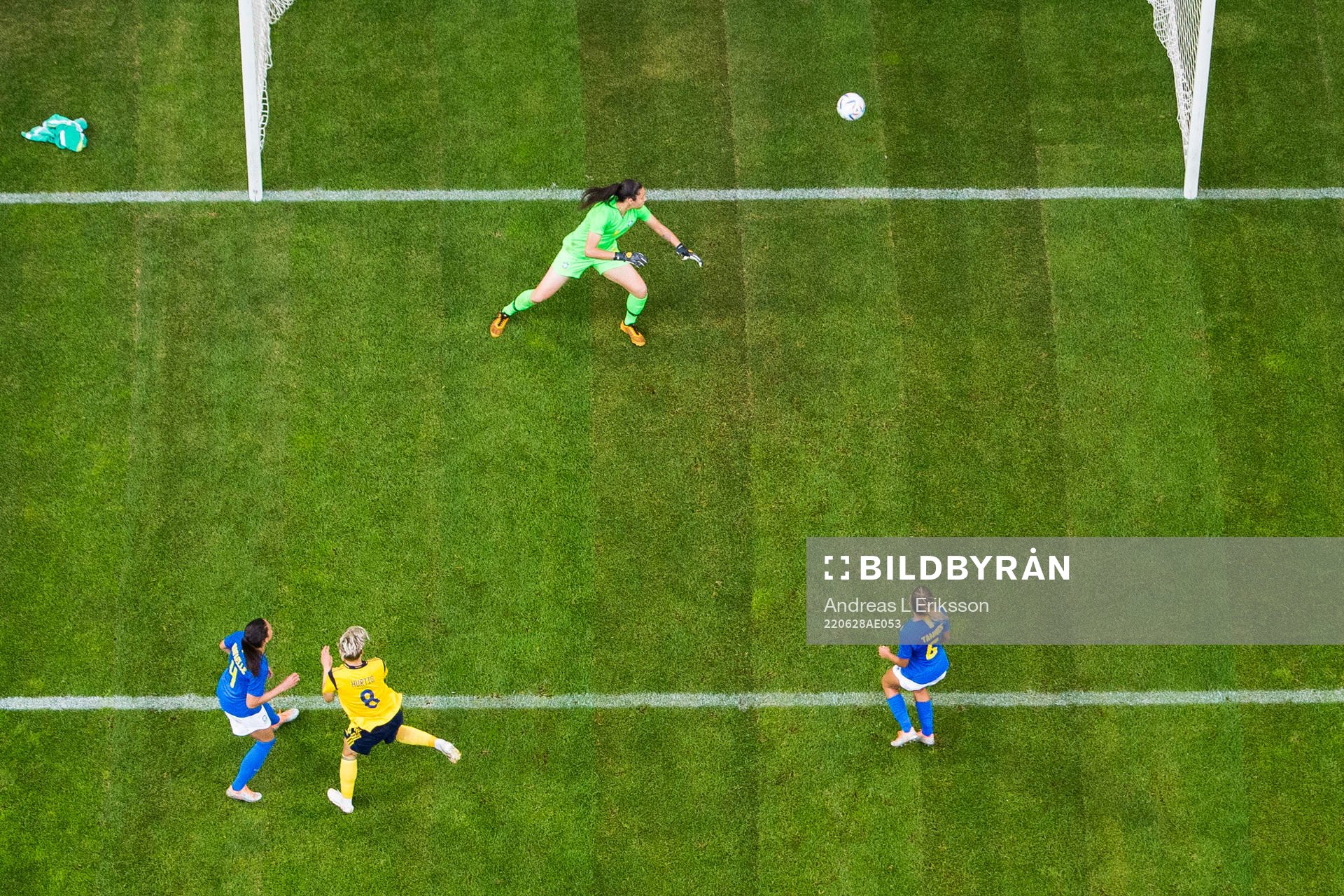 Lina Hurtig of Sweden scores 2-1 behind goalkeeper  Lorena