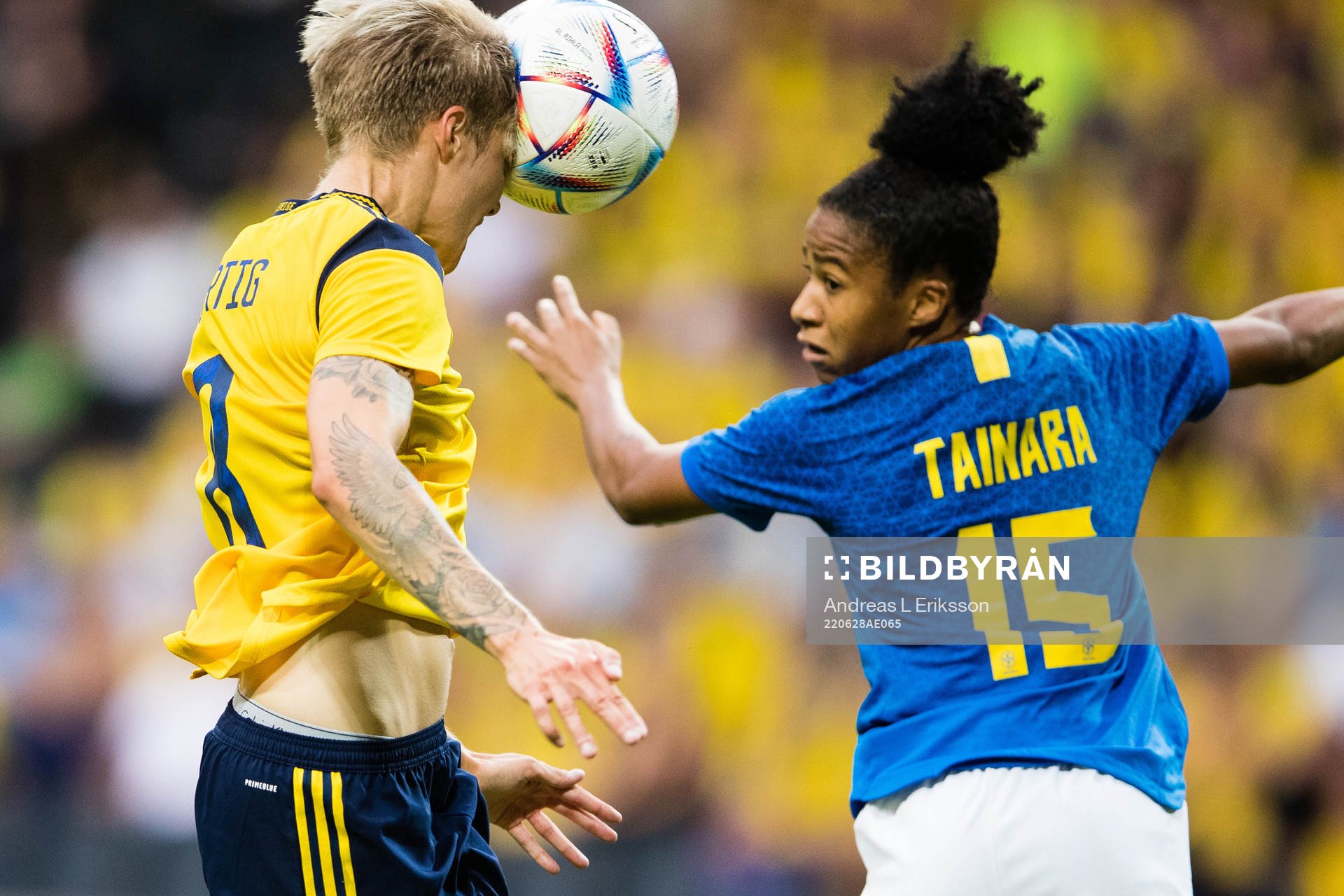 Lina Hurtig of Sweden and Tainara of Brazil during the women's international friendly football match between Sweden and Brazil on June 28, 2022 in Stockholm.