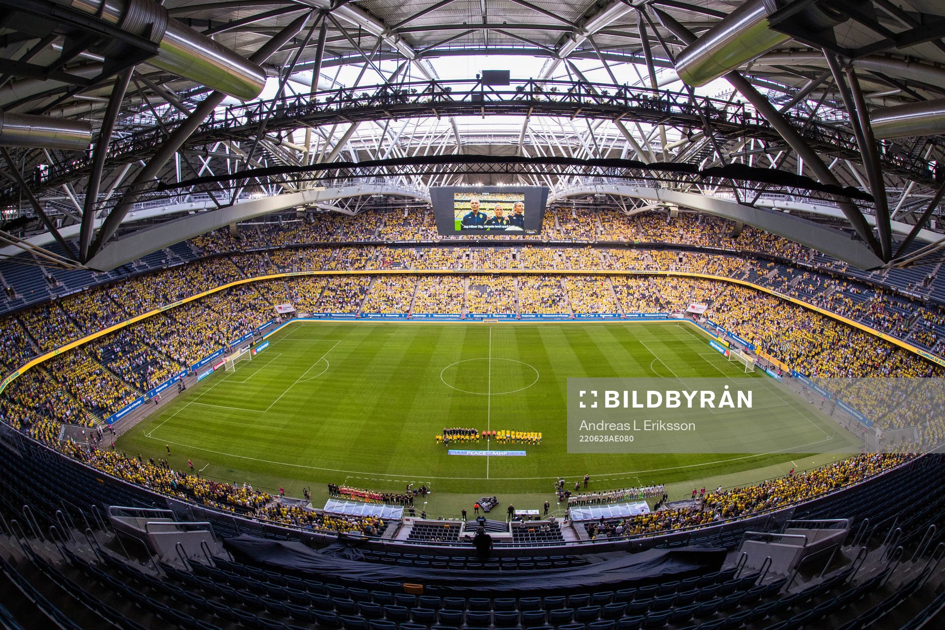 View over Friends Arena at lineup ahead during the women's international friendly football match between Sweden and Brazil on June 28, 2022 in Stockholm.