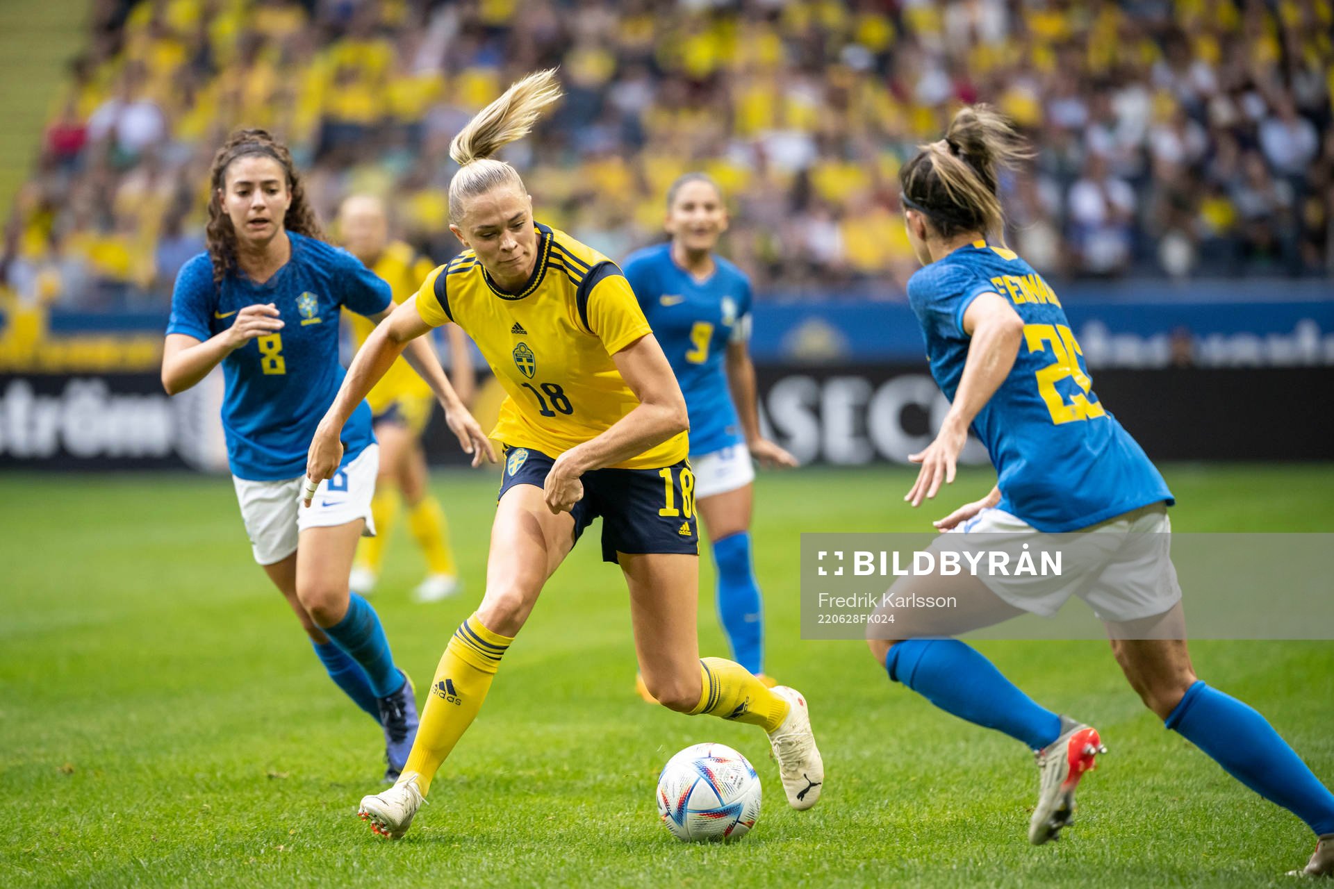 Fridolina Rolfö of Sweden during the women's international friendly football match between Sweden and Brazil on June 28, 2022 in Stockholm.