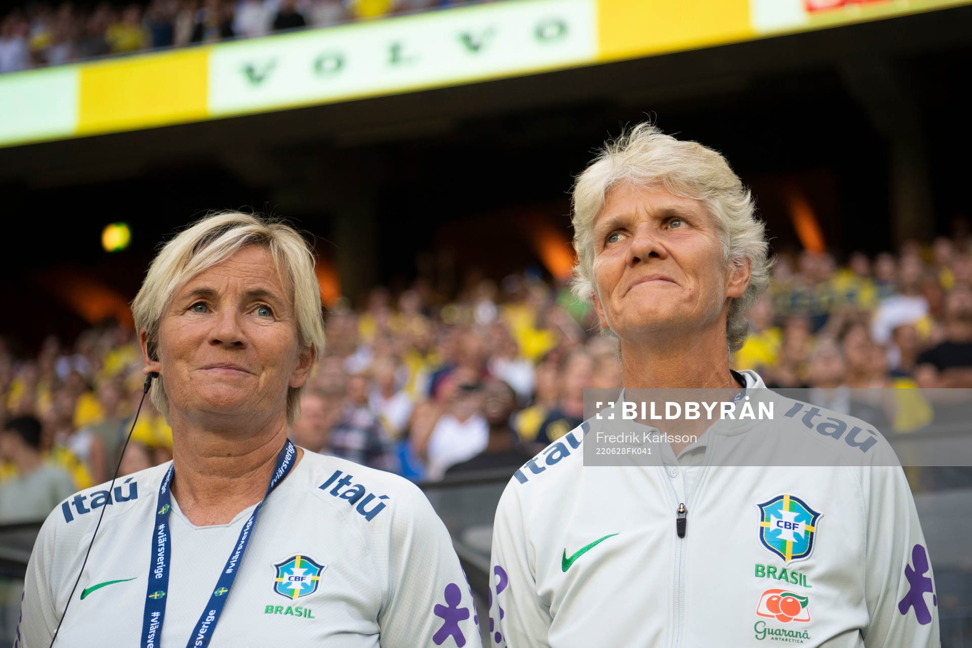 Assistant coach Lilie Persson and head coach Pia Sundhage of Brazil ahead of the women's international friendly football match between Sweden and Brazil on June 28, 2022 in Stockholm.