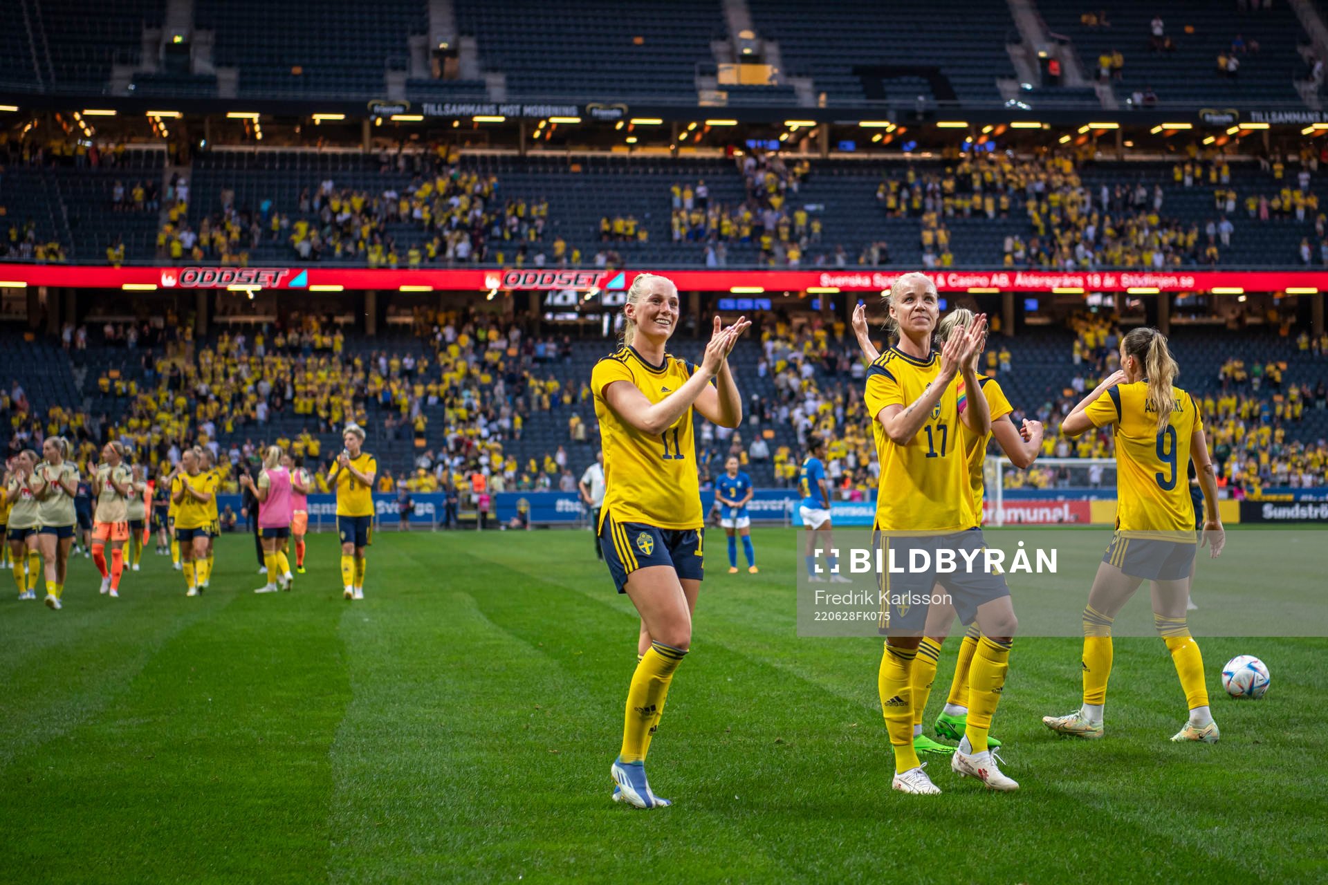 Stina Blackstenius and Caroline Seger of Sweden celebrate