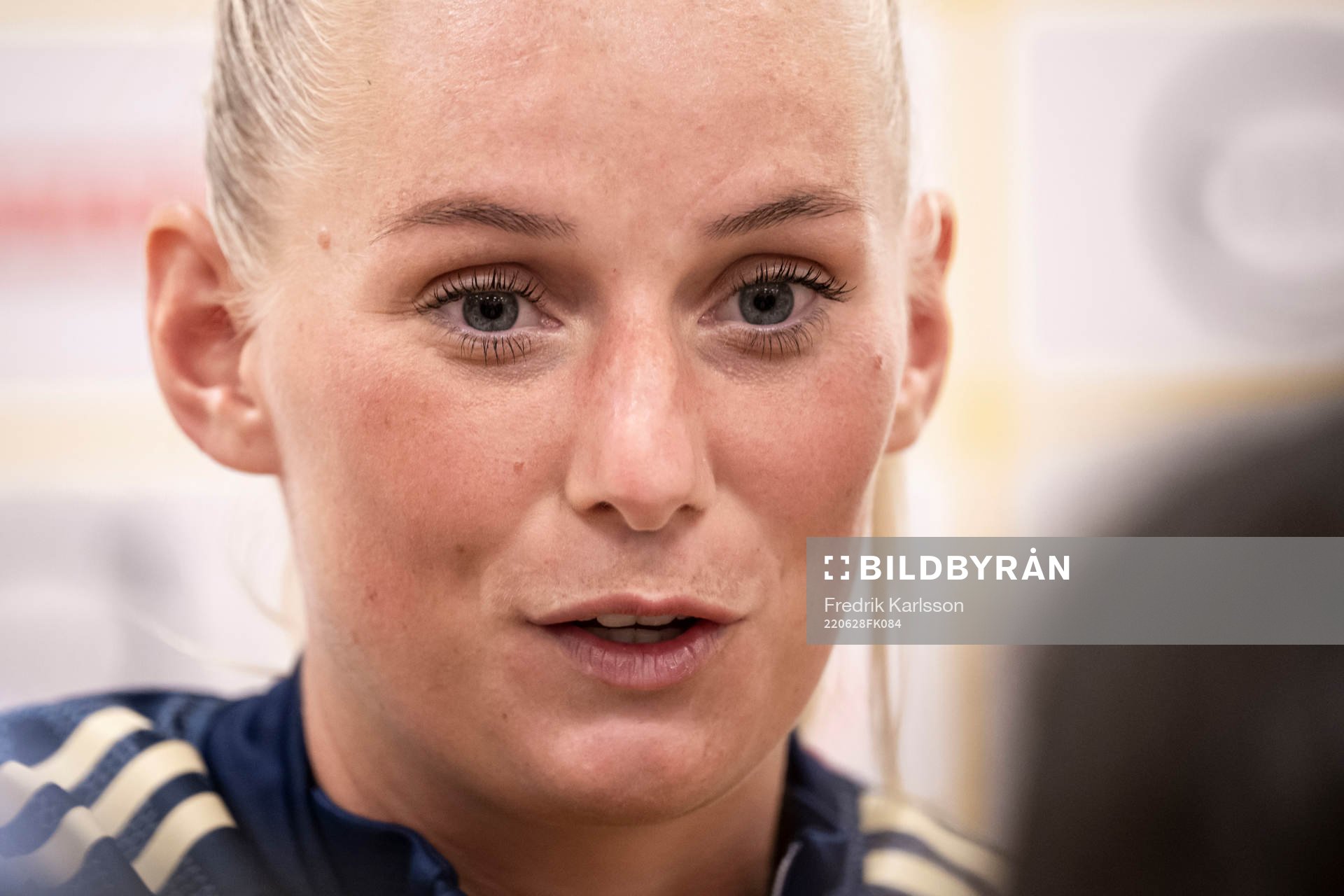 Stina Blackstenius of Sweden in the mixed zone after the women's international friendly football match between Sweden and Brazil on June 28, 2022 in Stockholm.