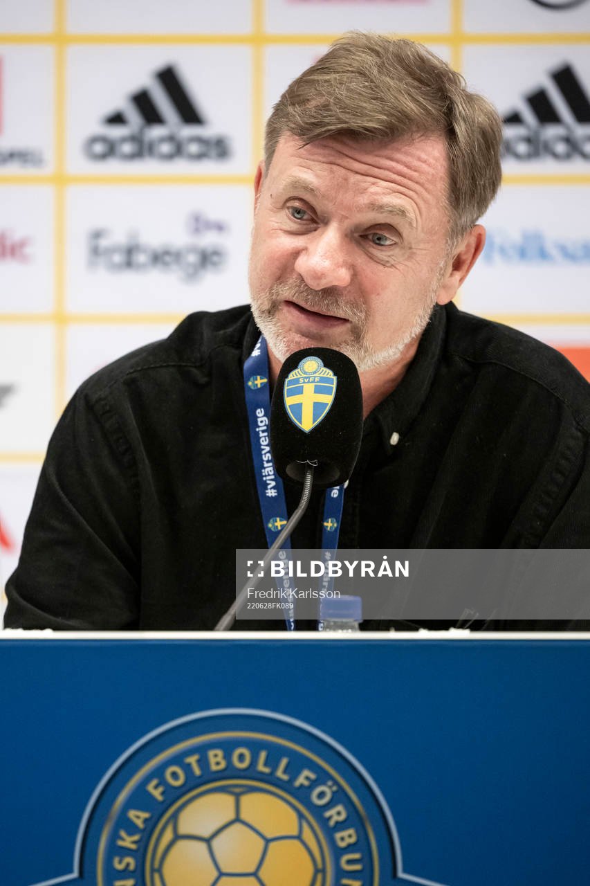 Head coach Peter Gerhardsson of Sweden at a press conference after the women's international friendly football match between Sweden and Brazil on June 28, 2022 in Stockholm.