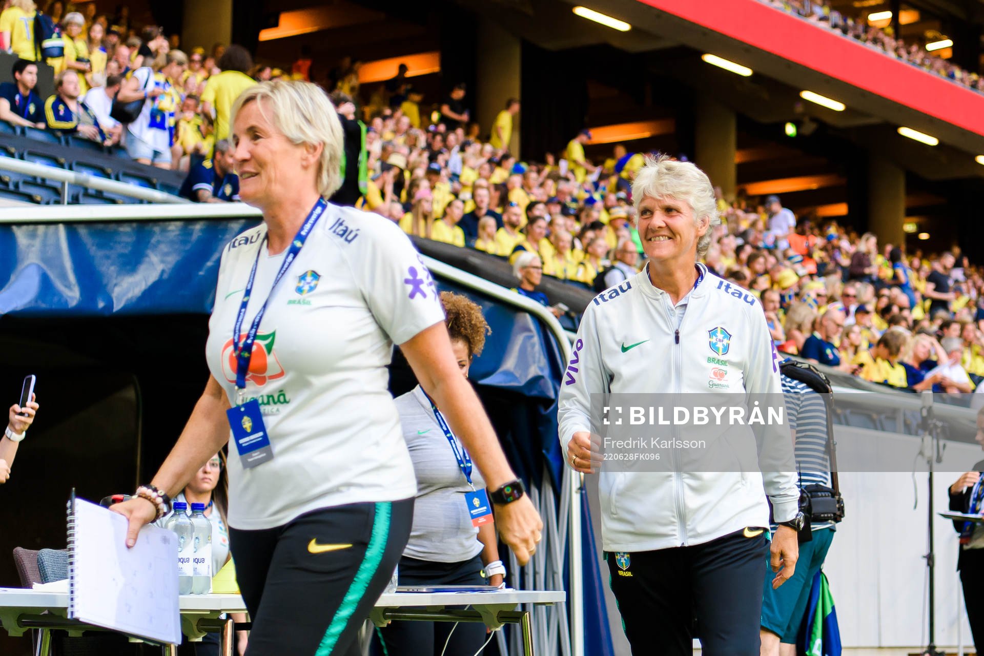 Assistant coach Lilie Persson and coach Pia Sundhage during the women's international friendly football match between Sweden and Brazil on June 28, 2022 in Stockholm.