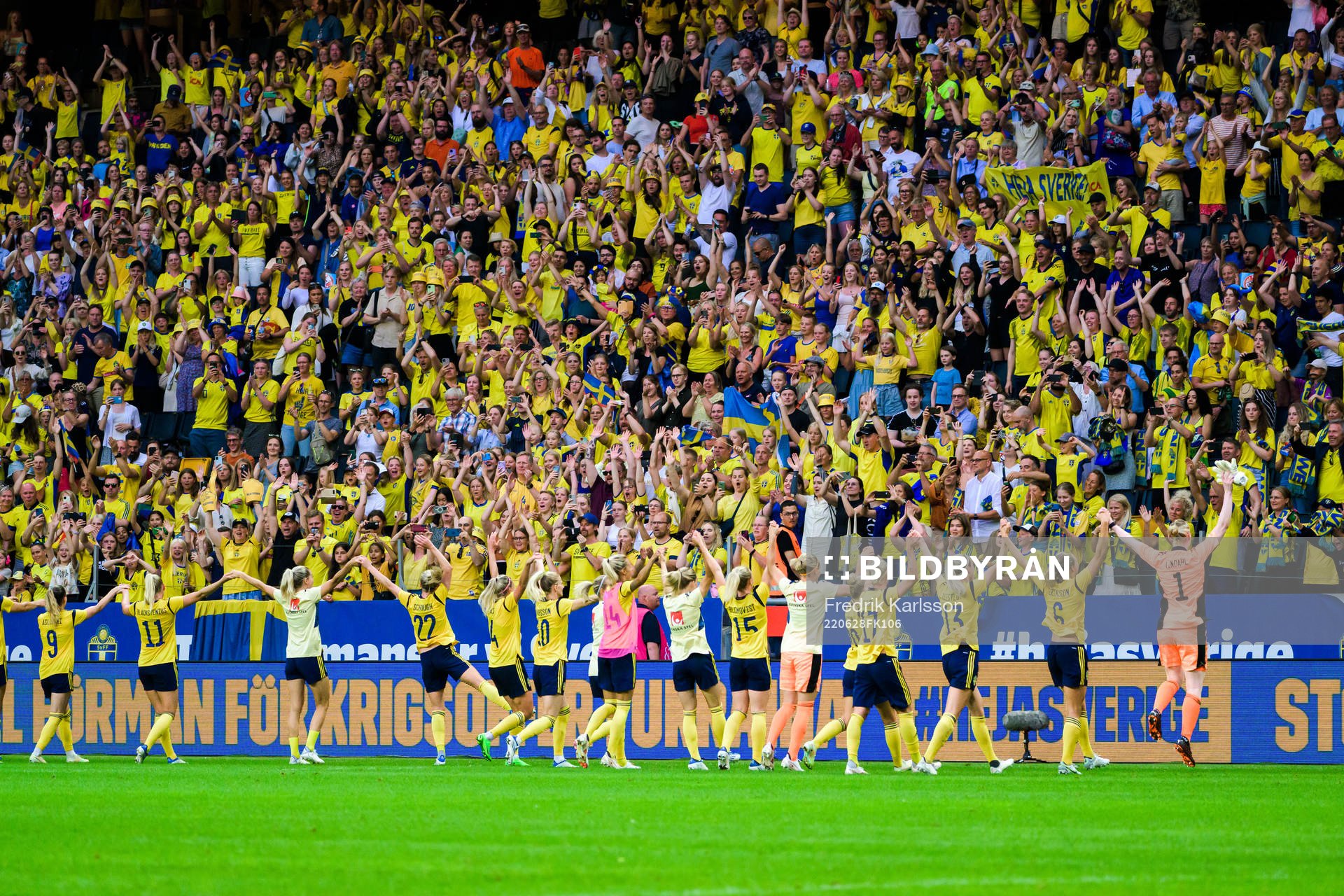 Swedish supporters celebrate with the players of Sweden