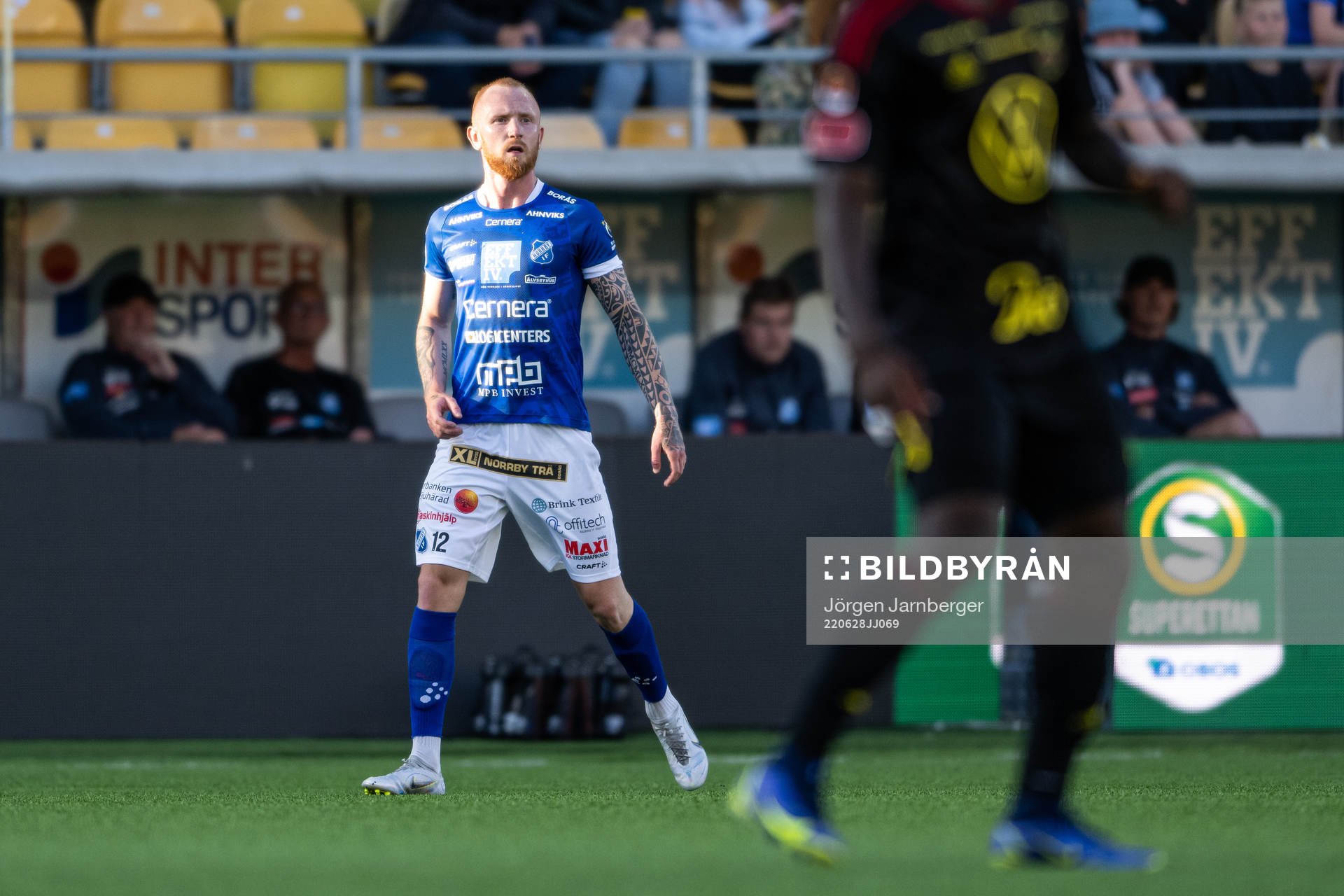 Norrbys Max Olsson under fotbollsmatchen i Superettan mellan Norrby och Östersund den 28 juni 2022 i Borås. 
