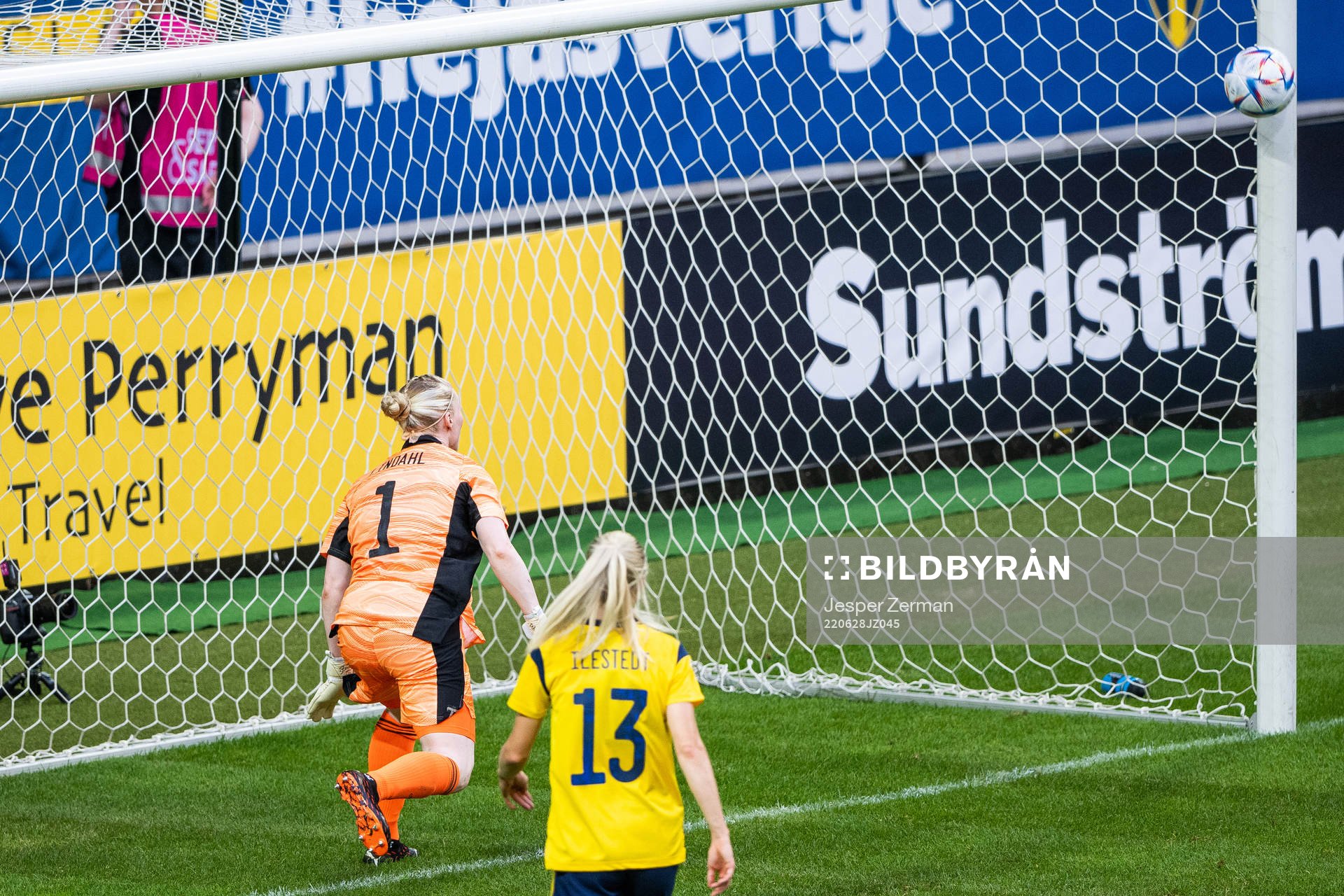 goalkeeper Hedvig Lindahl of Sweden sees the ball hit the