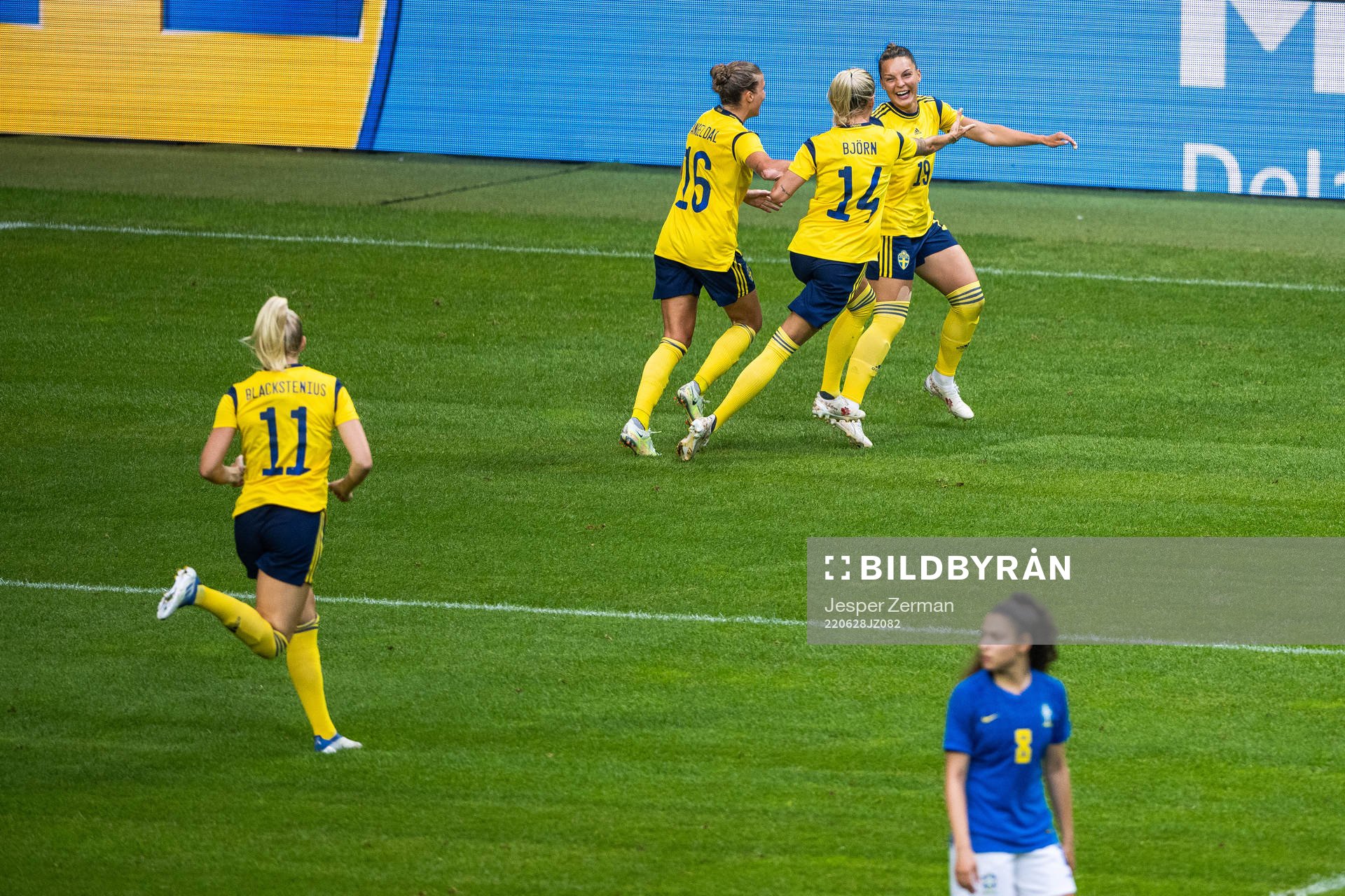 Johanna Rytting Kaneryd of Sweden celebrates with team mates after scoring 1-1 during the women's international friendly football match between Sweden and Brazil on June 28, 2022 in Stockholm.
