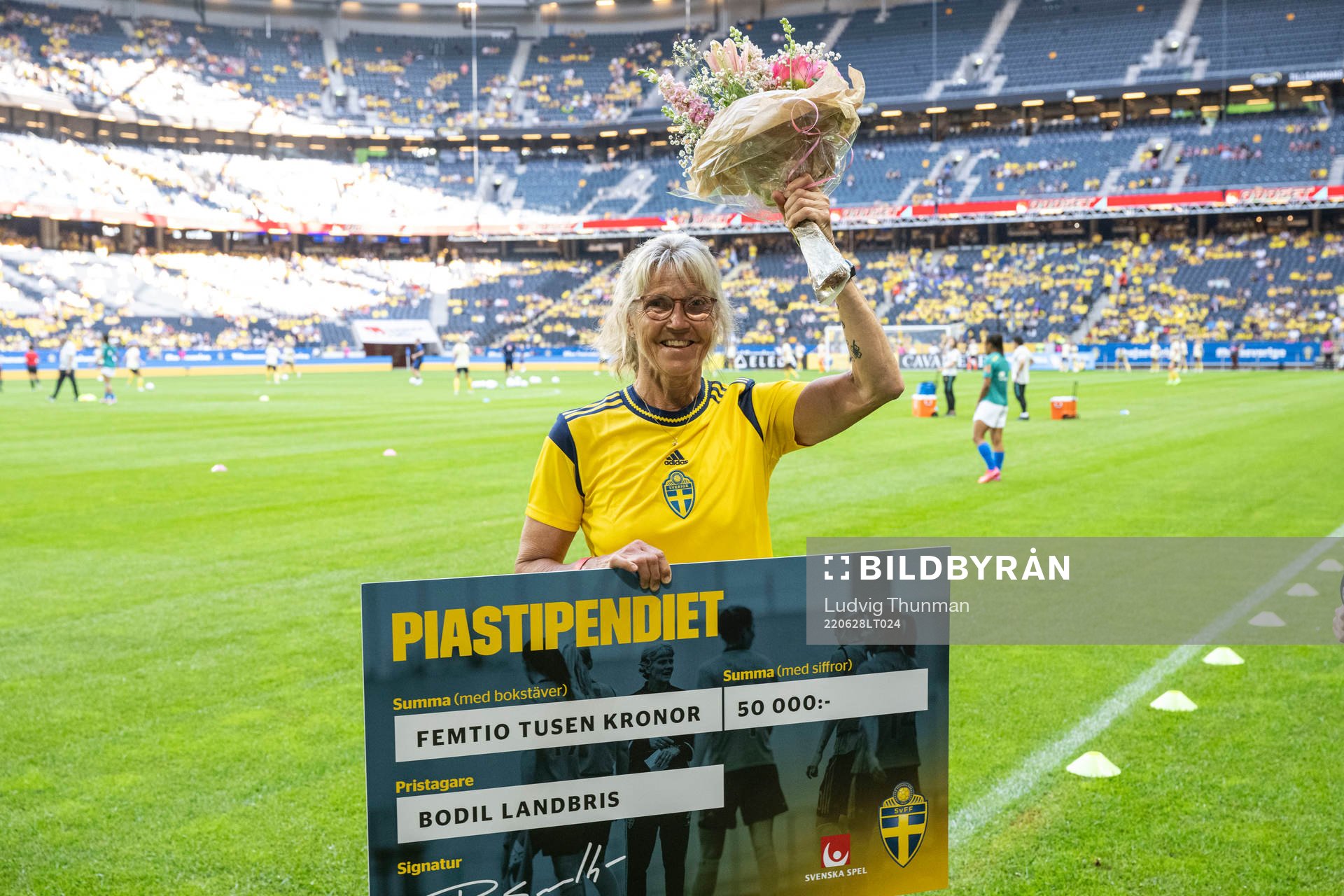 Bodil Landbris pose for a picture ahead of the women's international friendly football match between Sweden and Brazil on June 28, 2022 in Stockholm.